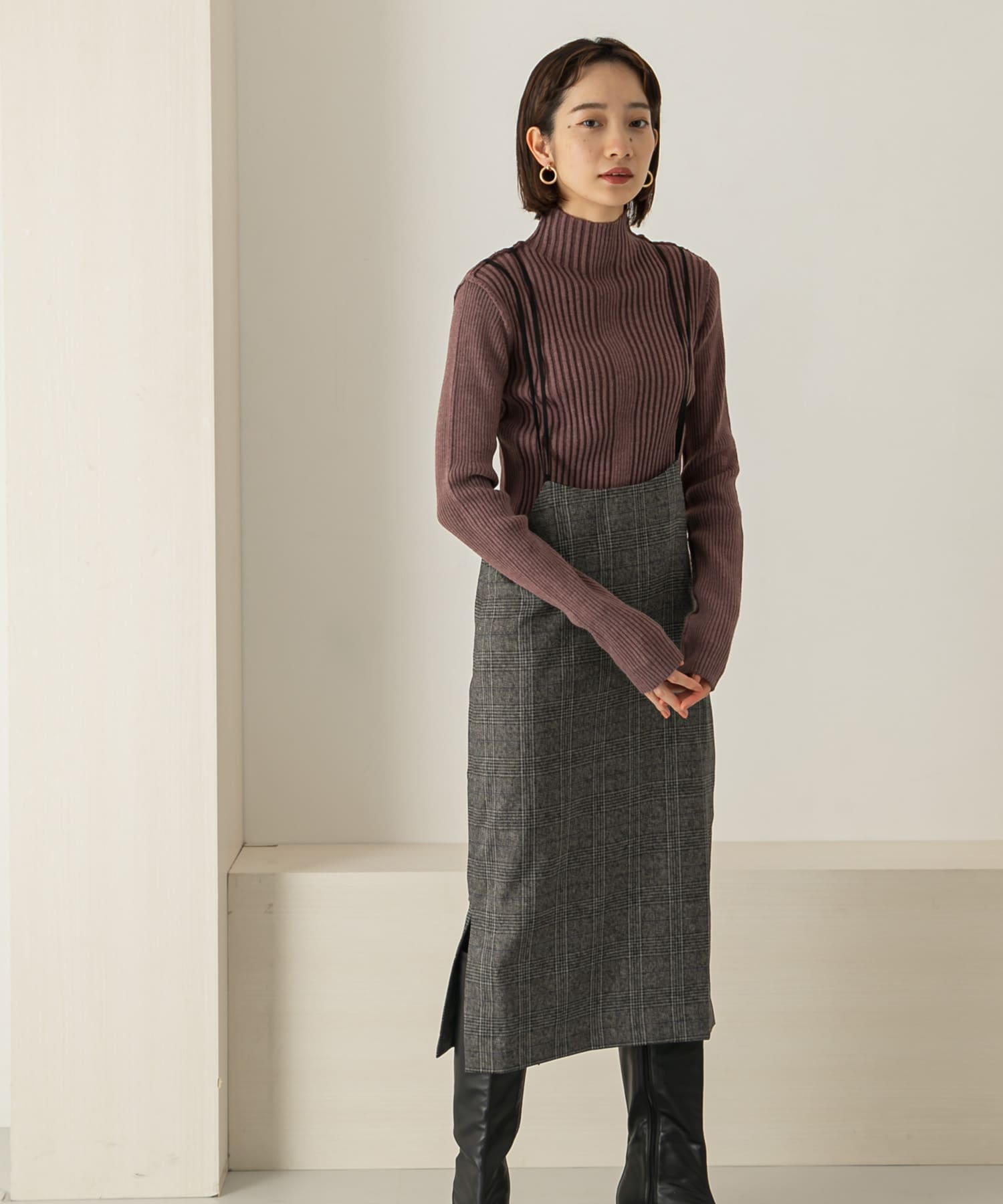 バッククロスハイウエストスカート GRAY CHECK one