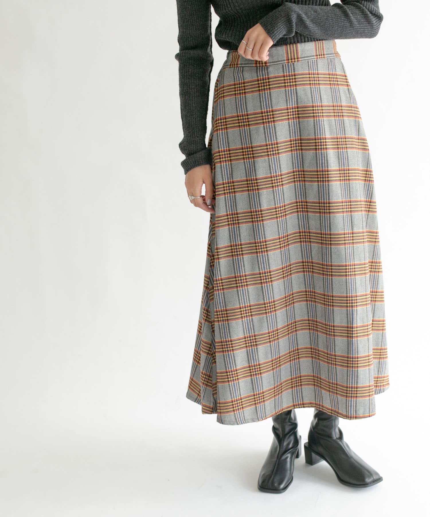 チェック柄フレアロングスカート GRY×YEL one
