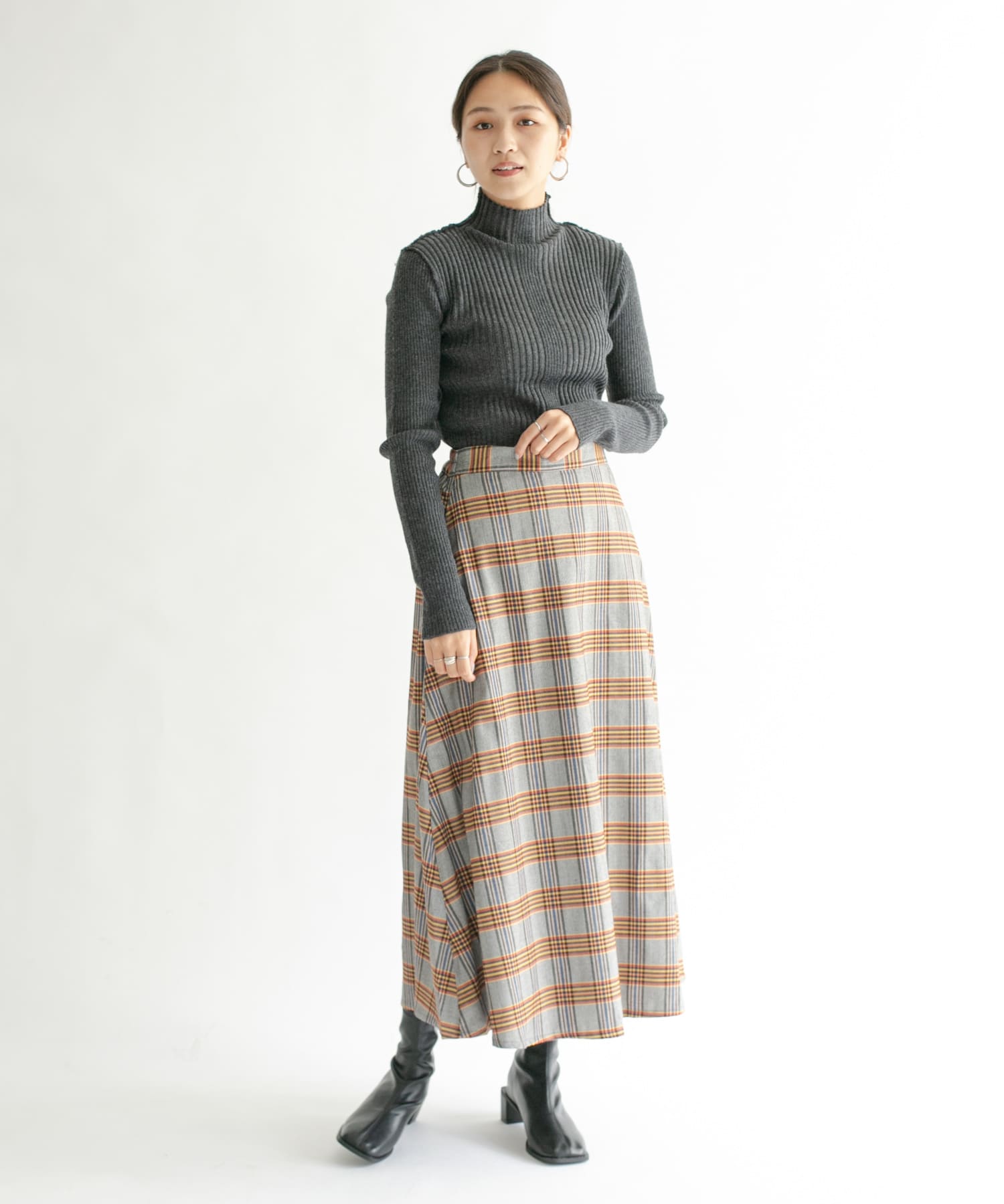チェック柄フレアロングスカート GRY×YEL one