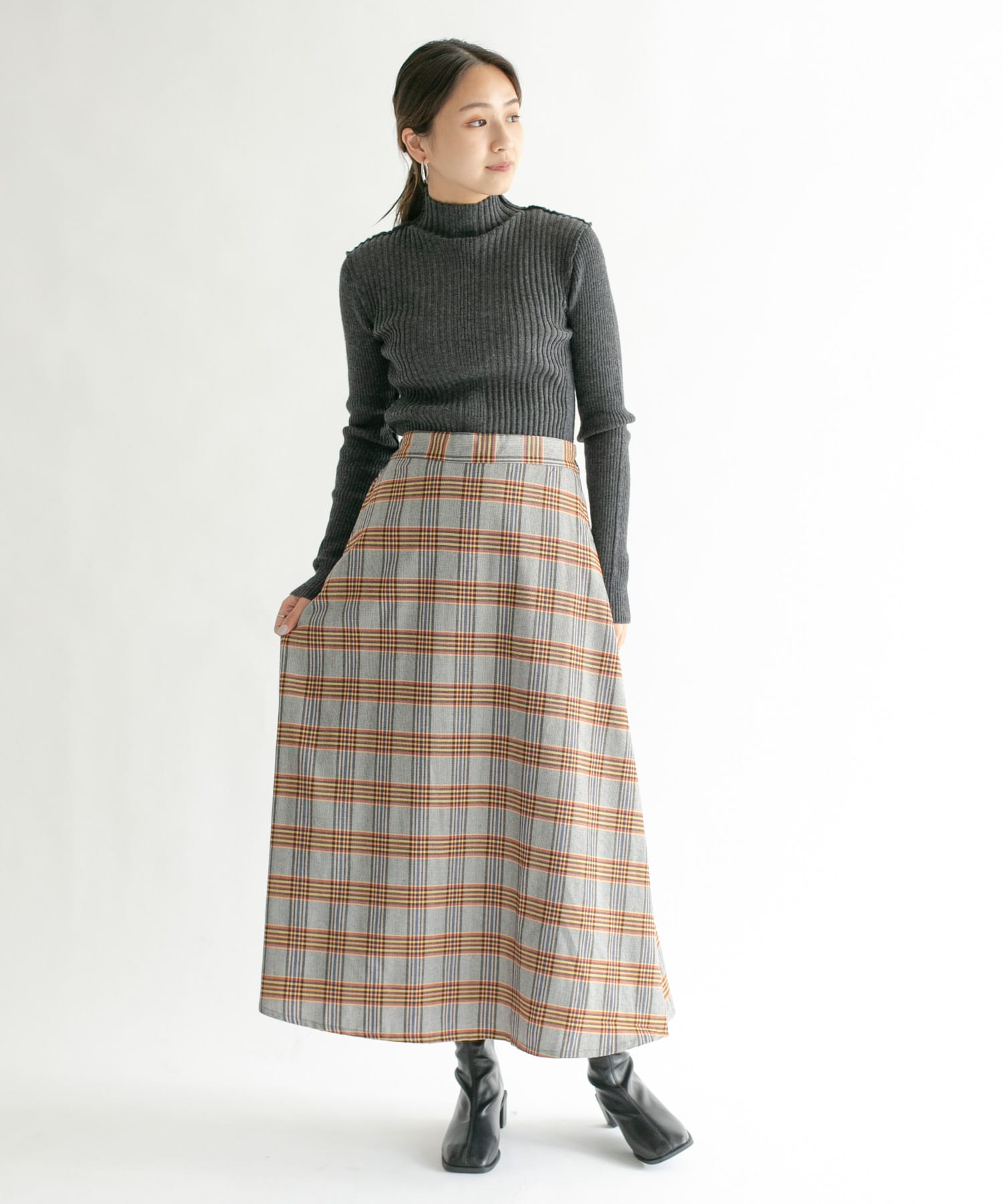 チェック柄フレアロングスカート GRY×YEL one