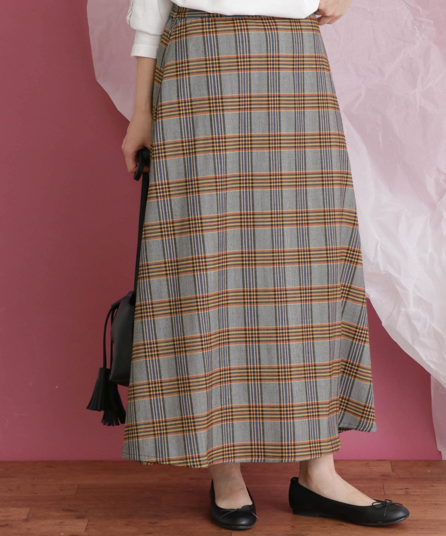 チェック柄フレアロングスカート GRY×YEL one