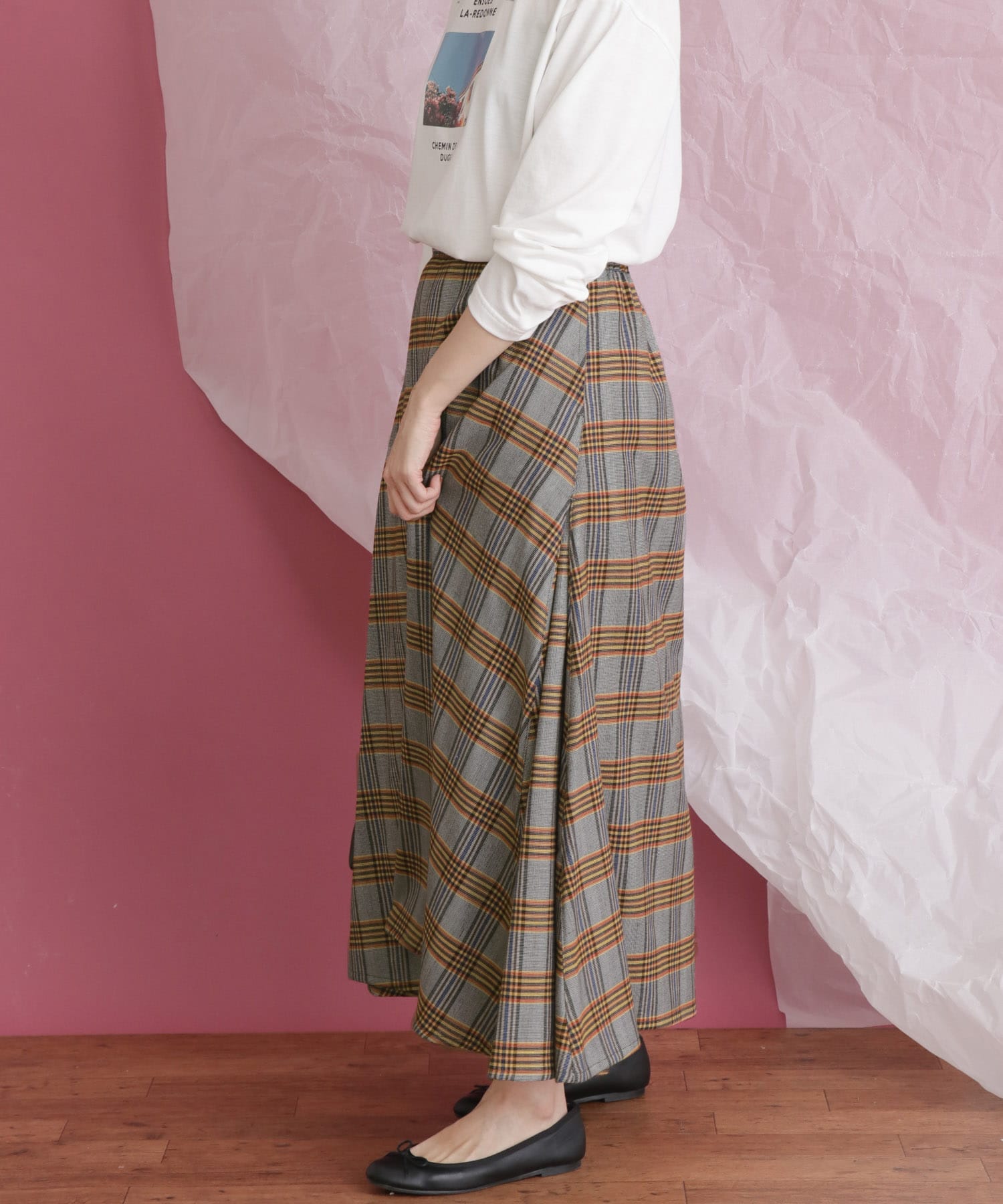 チェック柄フレアロングスカート GRY×YEL one