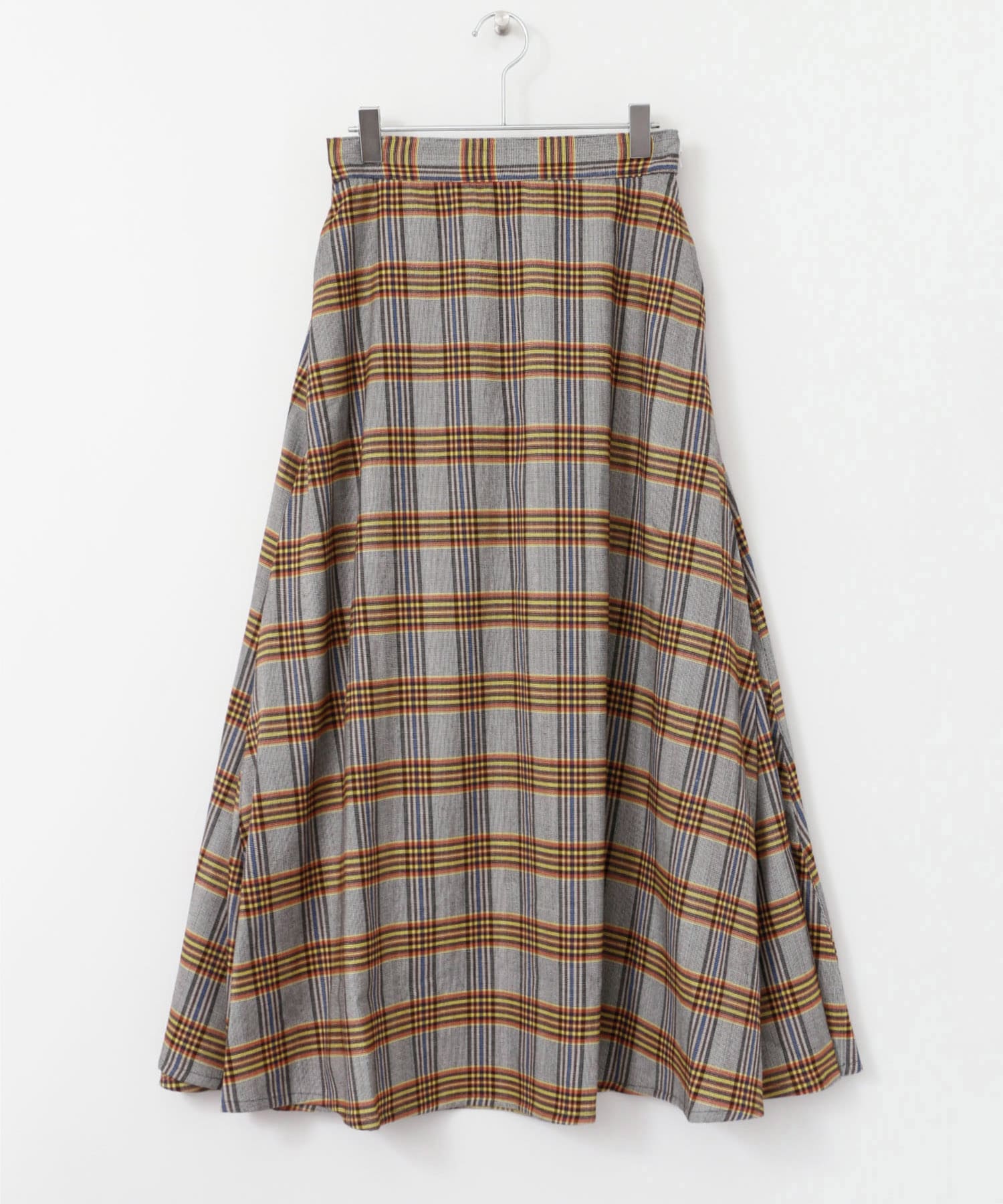 チェック柄フレアロングスカート GRY×YEL one