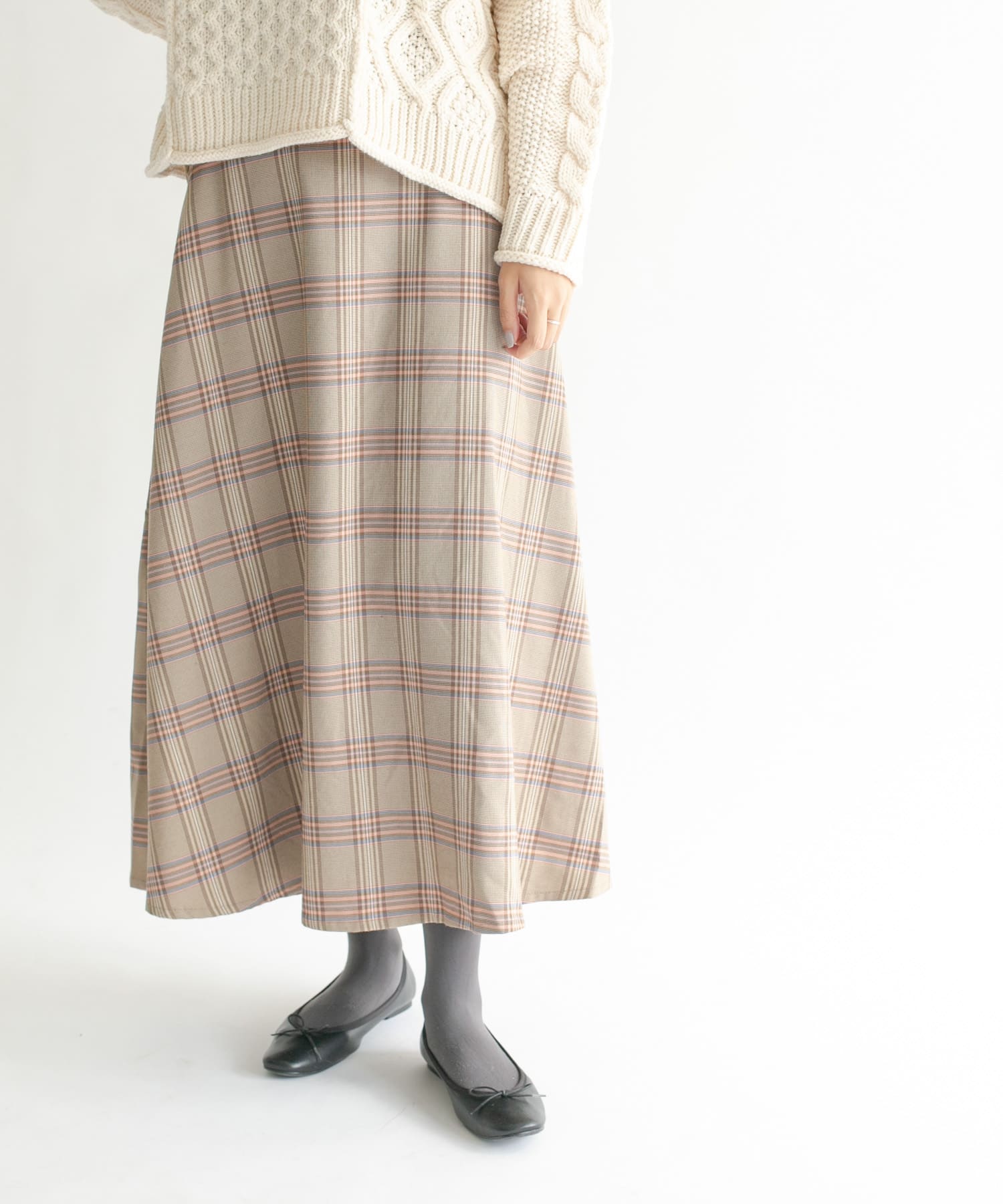 チェック柄フレアロングスカート BEG×PNK one