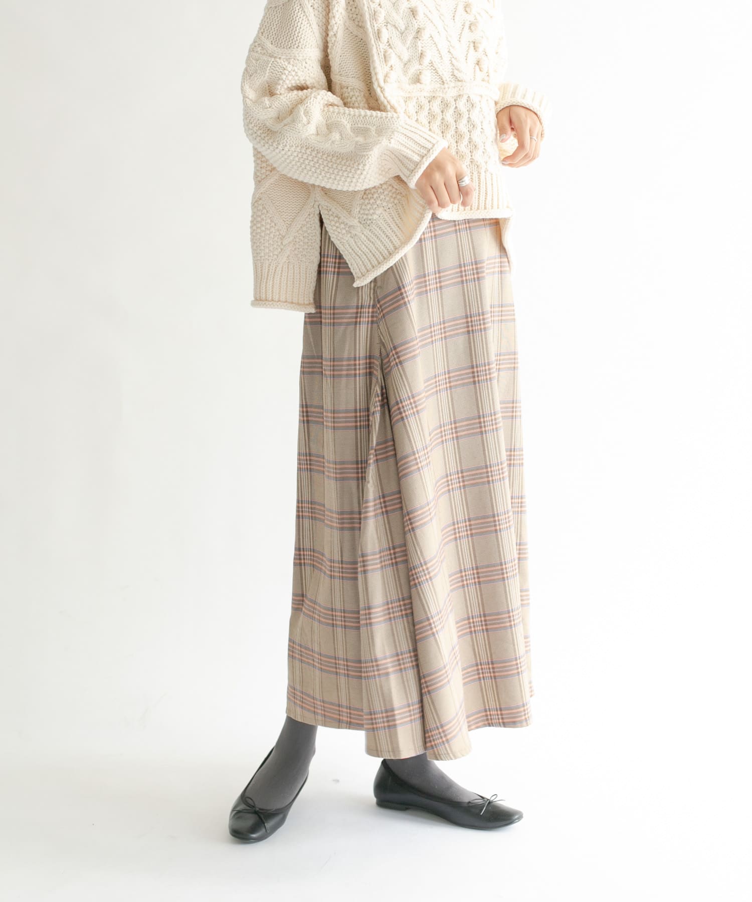 チェック柄フレアロングスカート BEG×PNK one