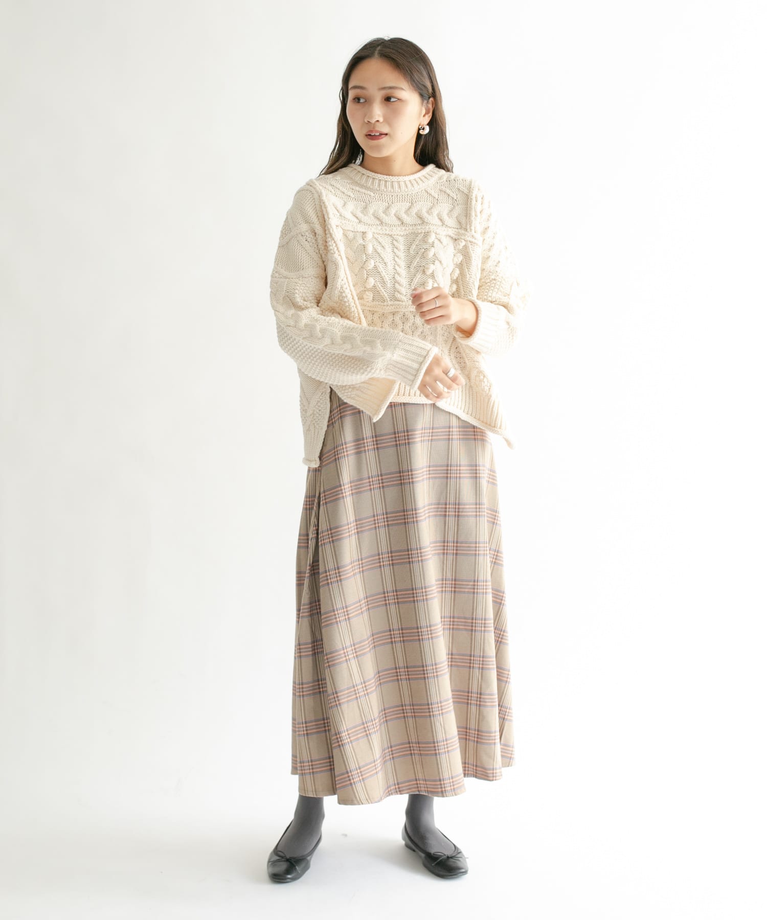 チェック柄フレアロングスカート BEG×PNK one