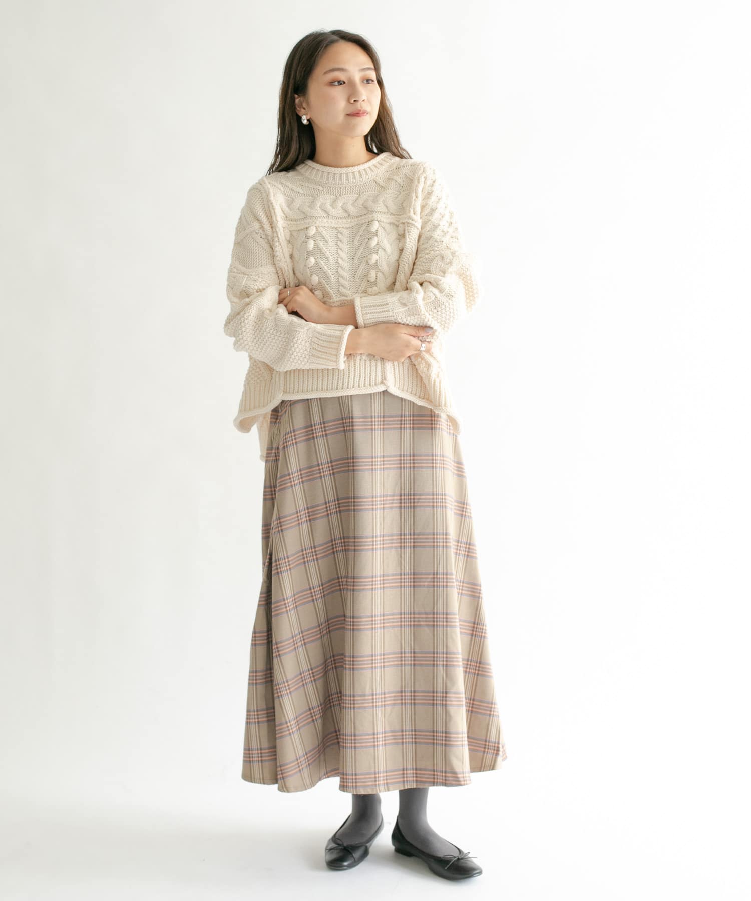 チェック柄フレアロングスカート BEG×PNK one