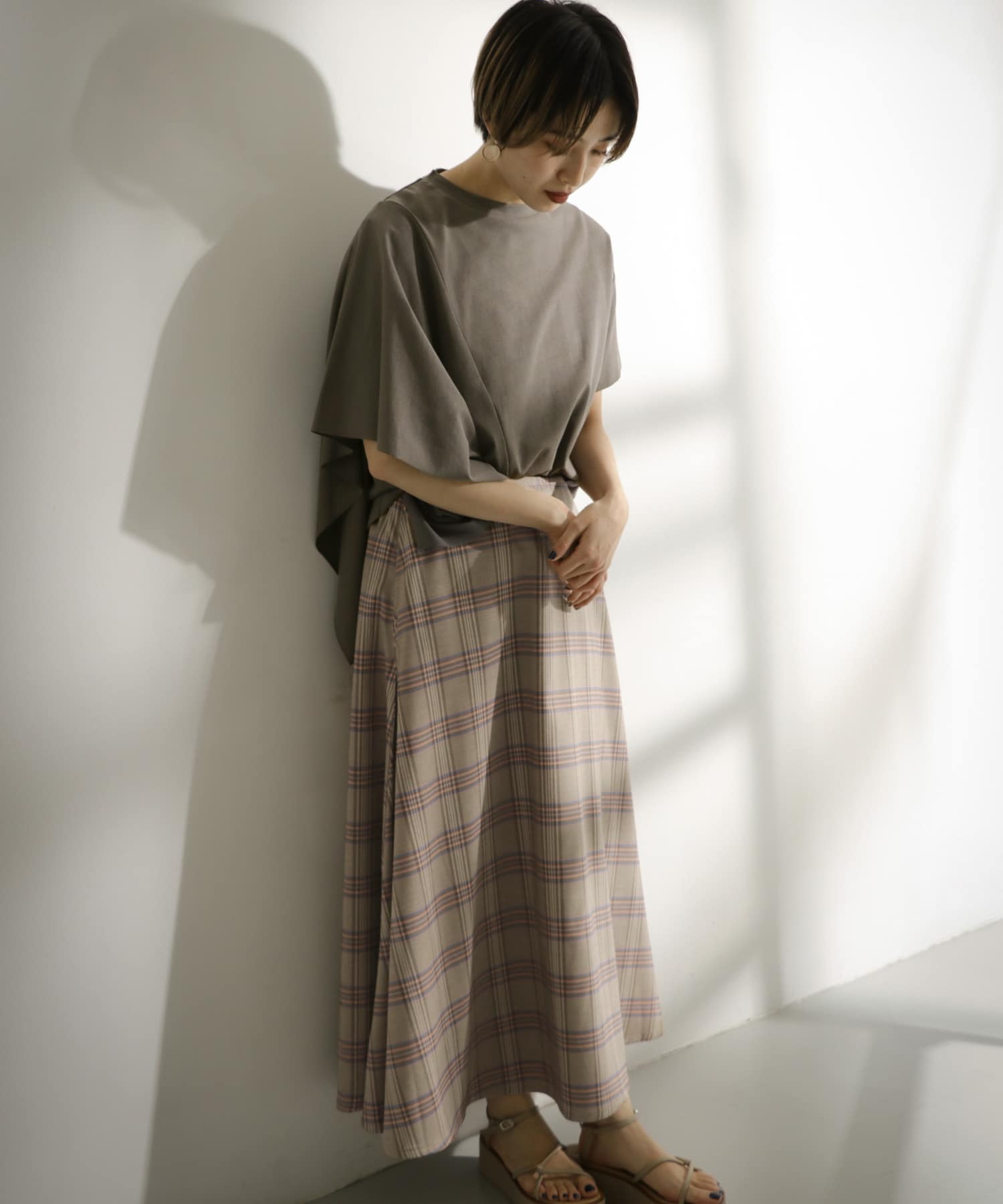 チェック柄フレアロングスカート BEG×PNK one