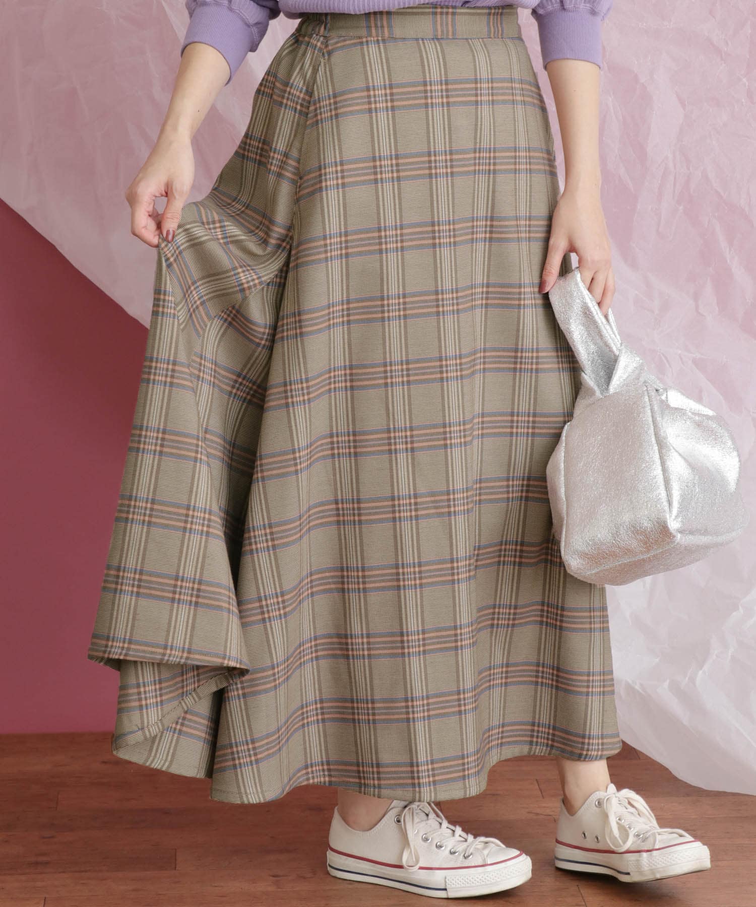 チェック柄フレアロングスカート BEG×PNK one