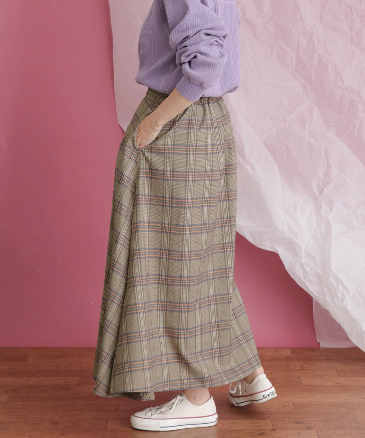 チェック柄フレアロングスカート BEG×PNK one