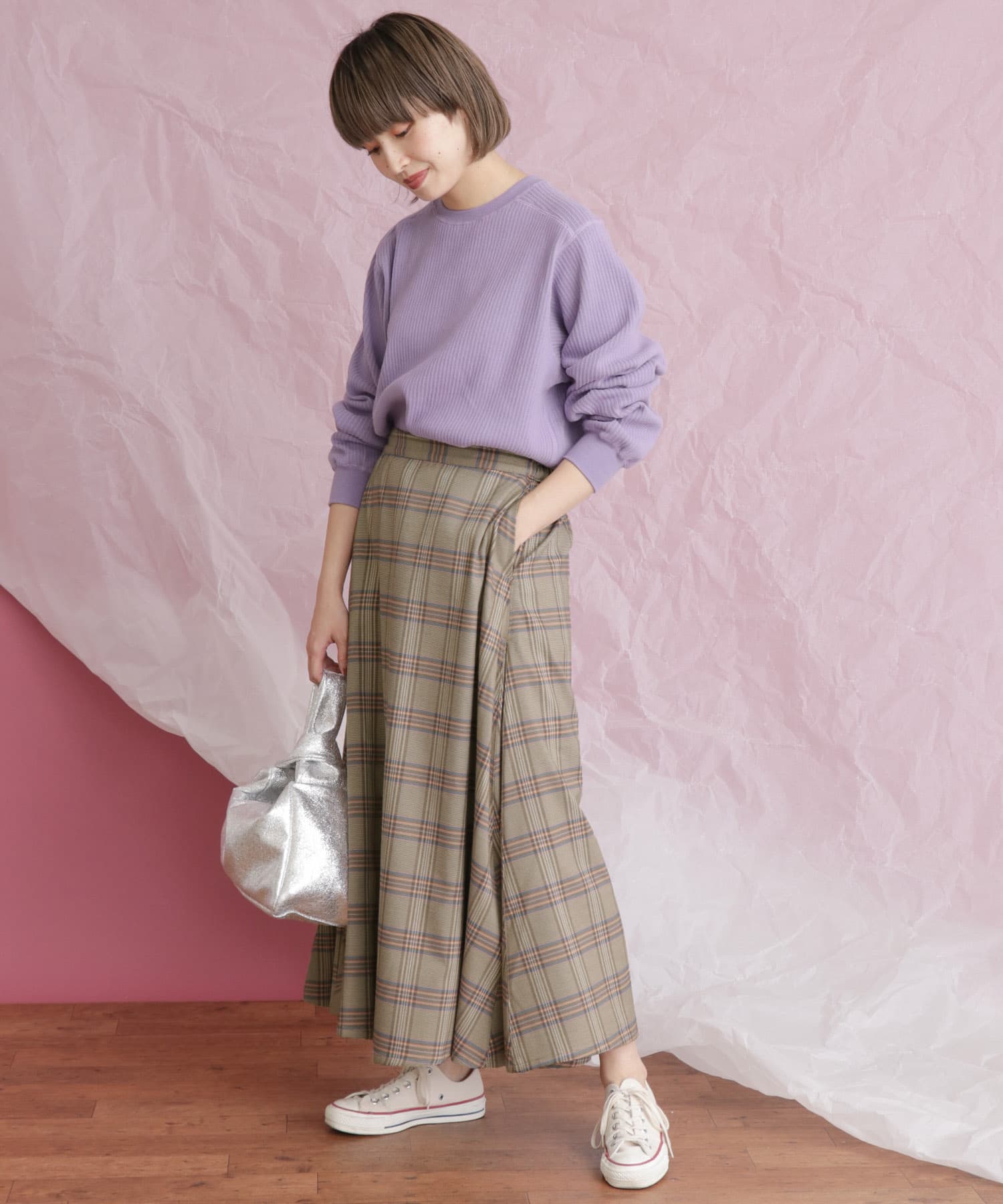 チェック柄フレアロングスカート BEG×PNK one