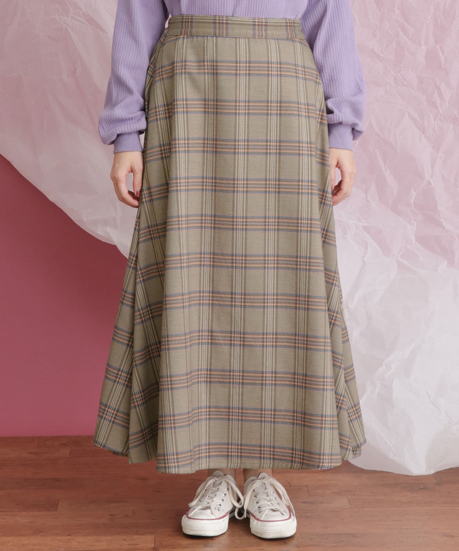 チェック柄フレアロングスカート BEG×PNK one