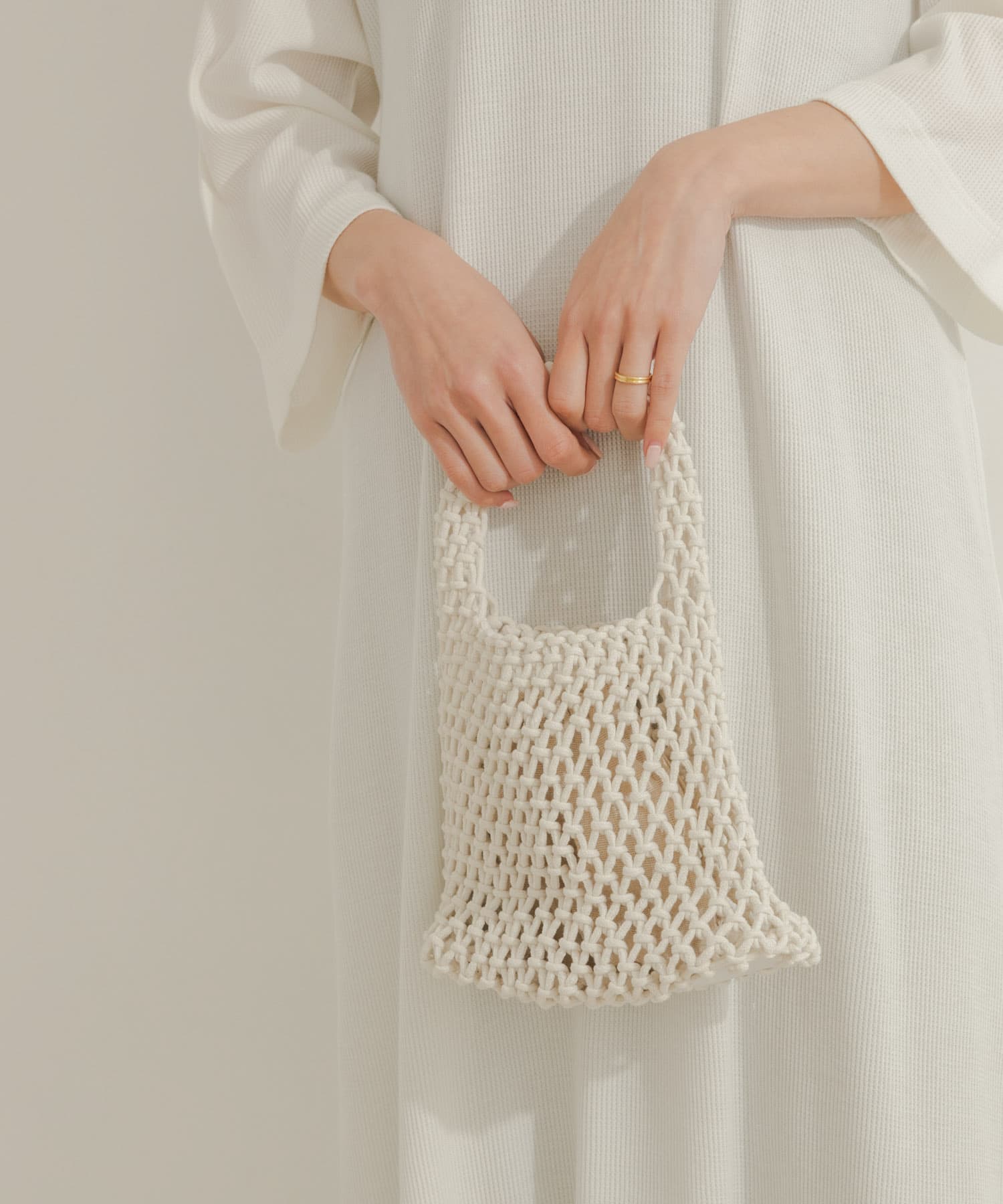 EARTH MADE　COTTON MACRAME MINI TOTE WHITE FREE