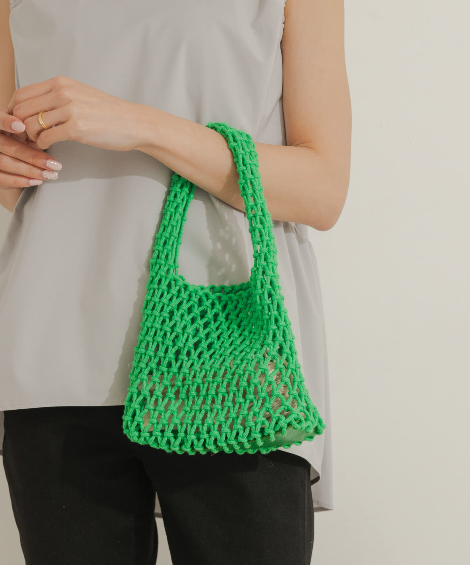 EARTH MADE　COTTON MACRAME MINI TOTE GREEN FREE