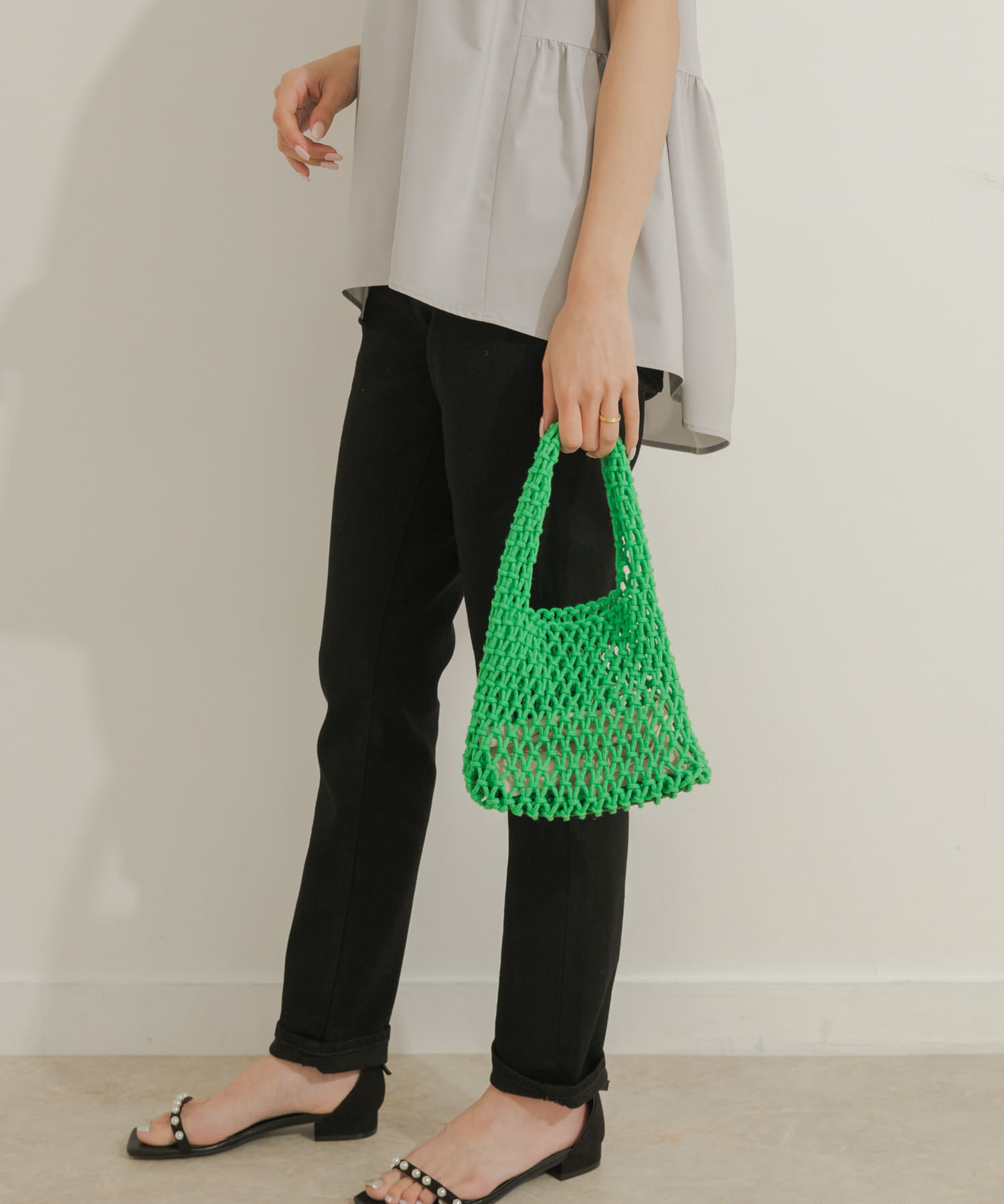 EARTH MADE　COTTON MACRAME MINI TOTE GREEN FREE