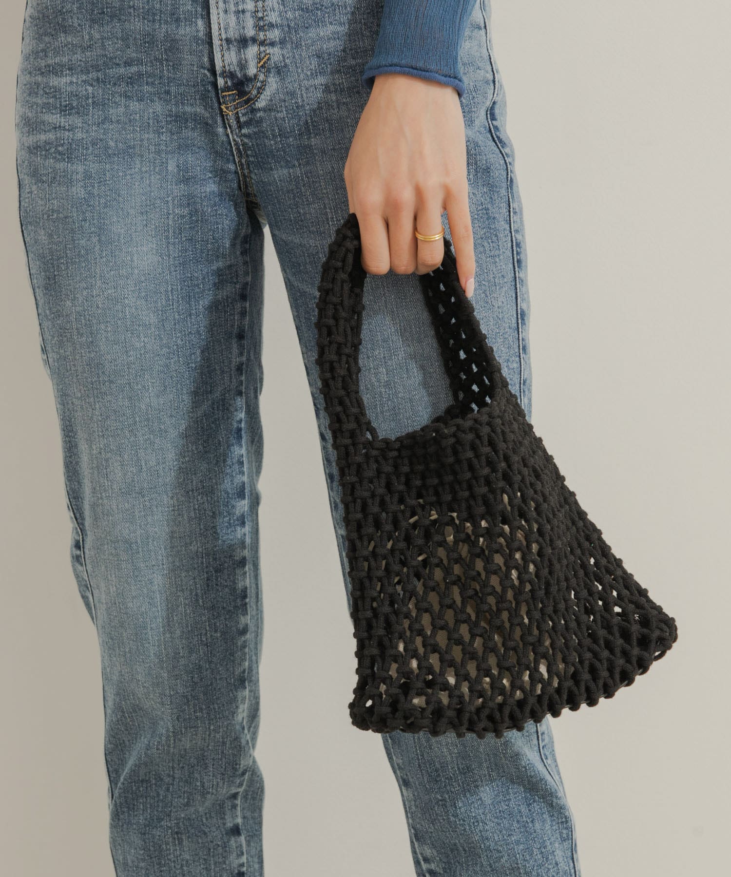 EARTH MADE　COTTON MACRAME MINI TOTE BLACK FREE