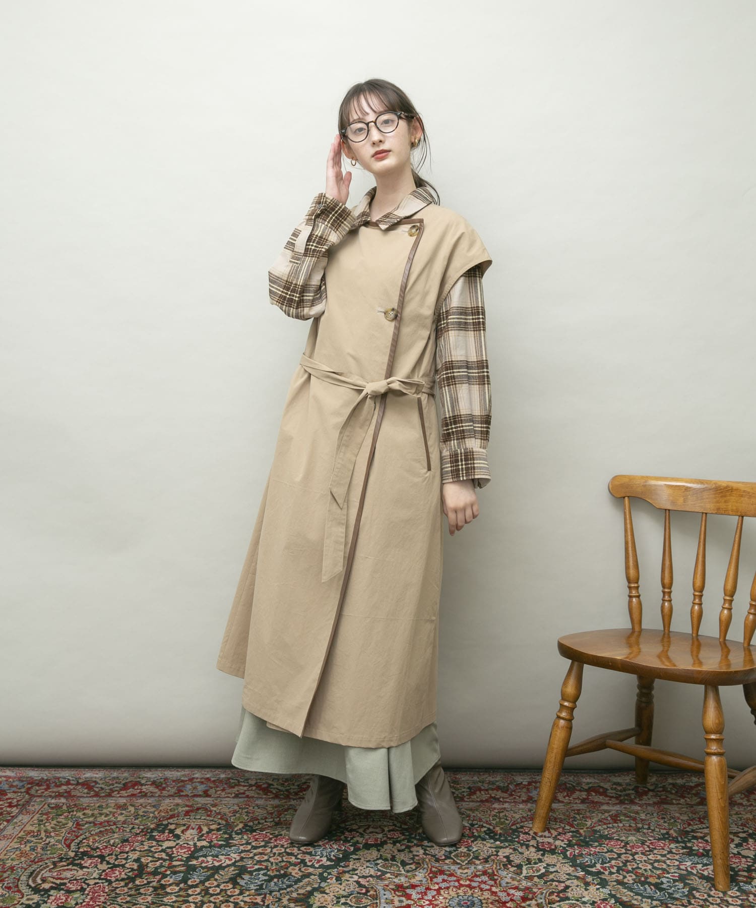 トレンチ風ロングベスト BEIGE FREE