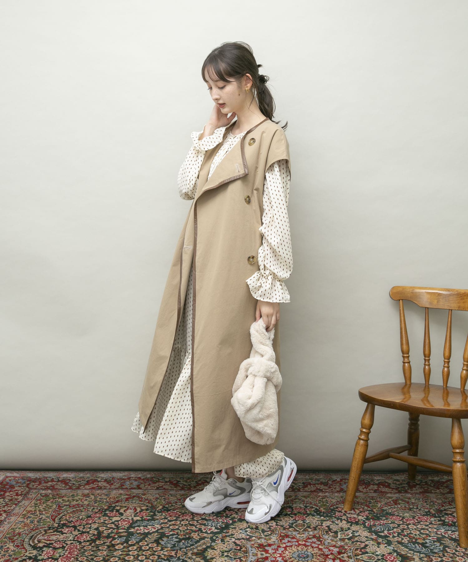 トレンチ風ロングベスト BEIGE FREE