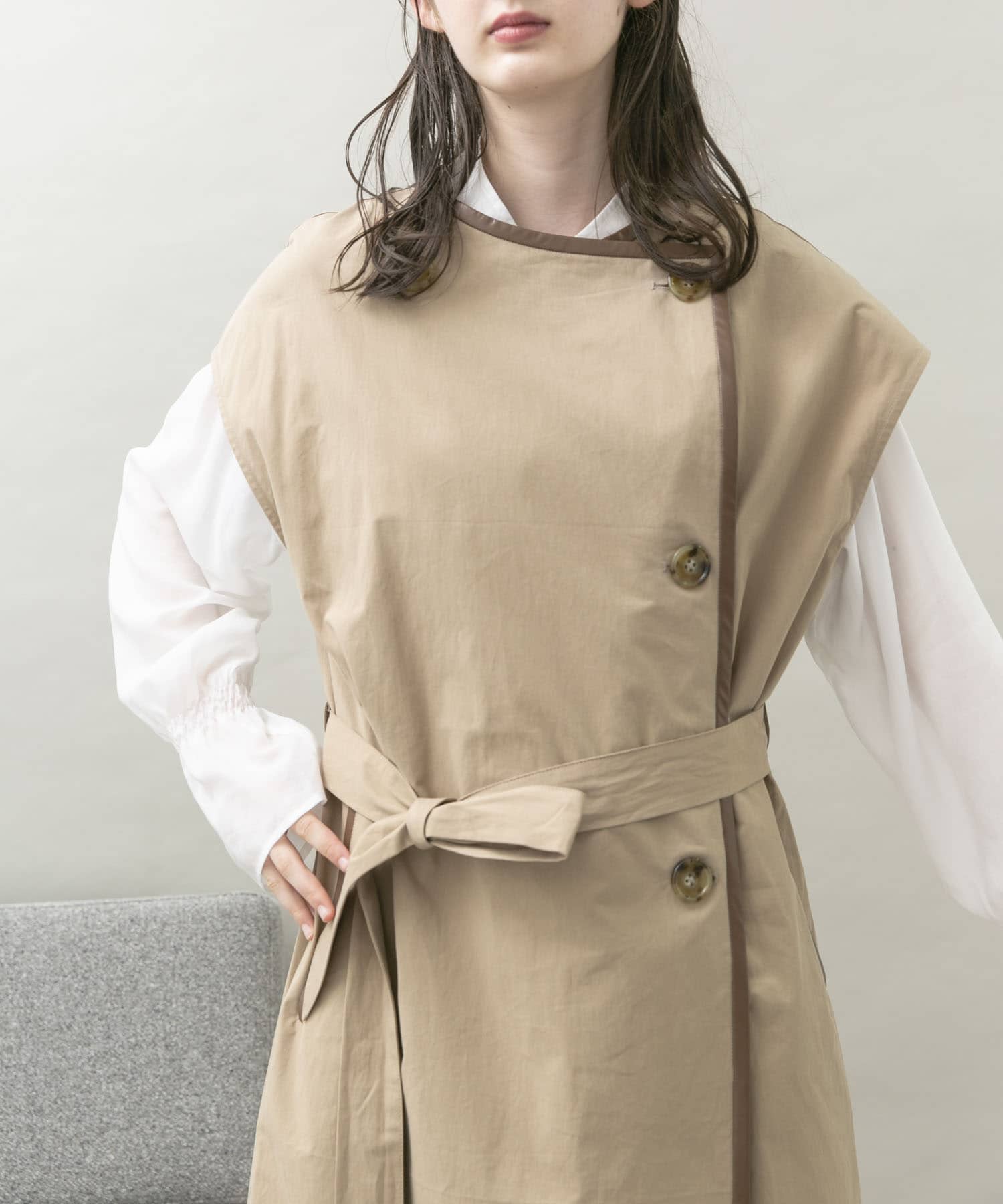 トレンチ風ロングベスト BEIGE FREE