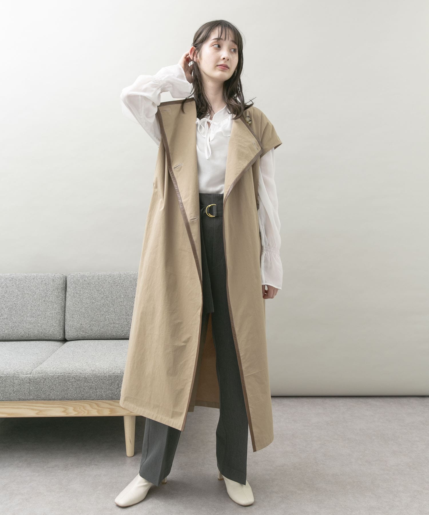 トレンチ風ロングベスト BEIGE FREE