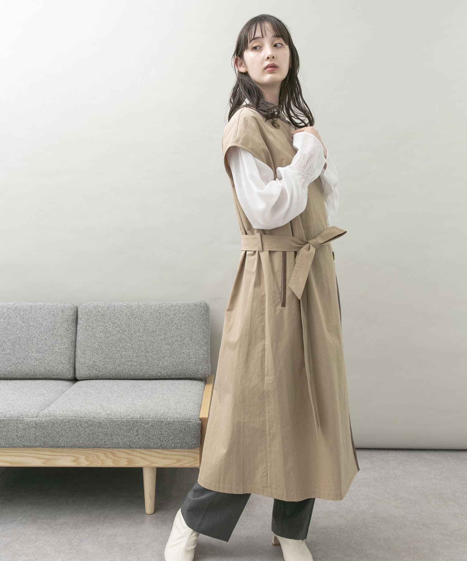 トレンチ風ロングベスト BEIGE FREE