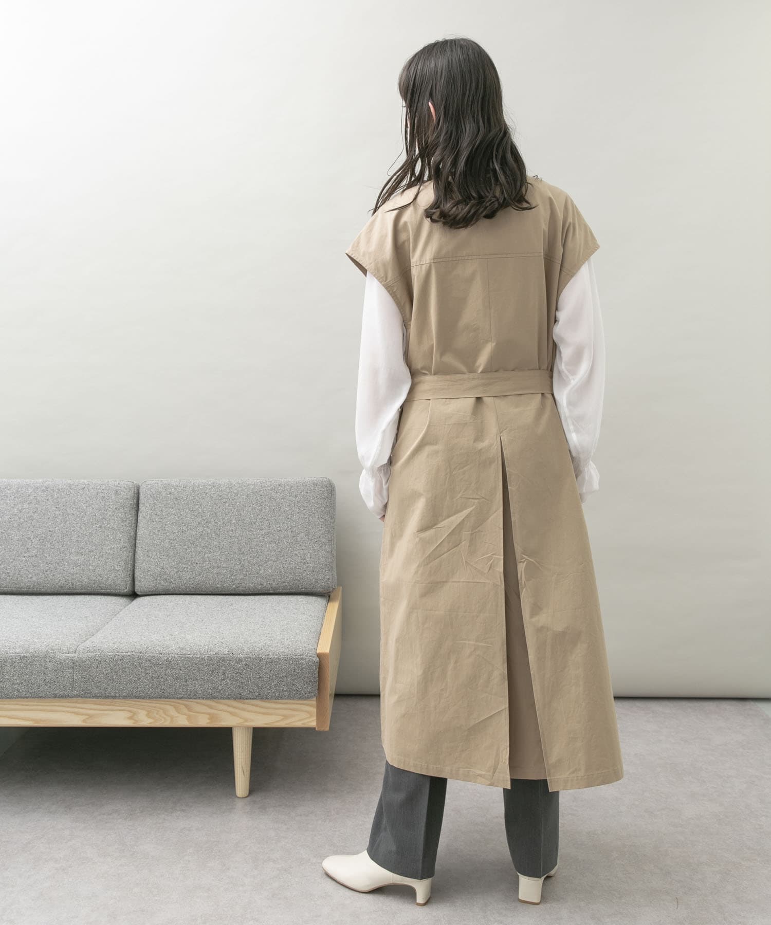 トレンチ風ロングベスト BEIGE FREE