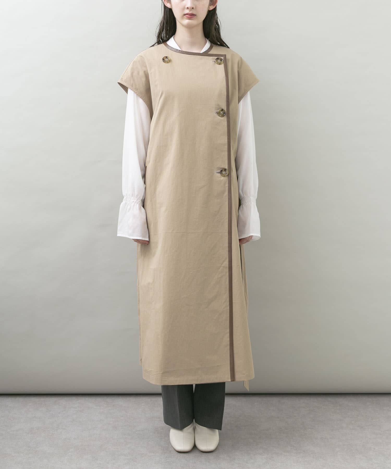 トレンチ風ロングベスト BEIGE FREE