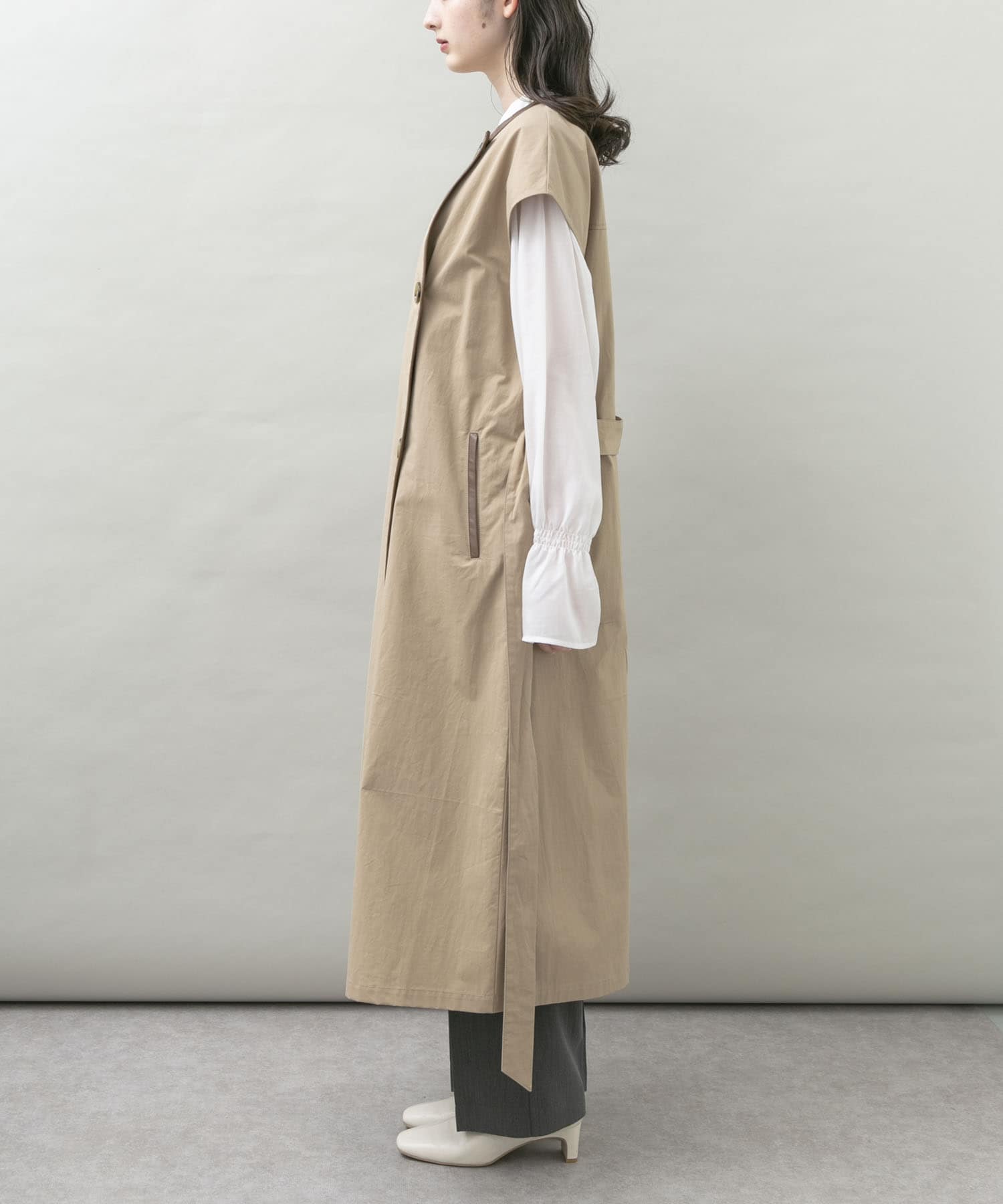 トレンチ風ロングベスト BEIGE FREE