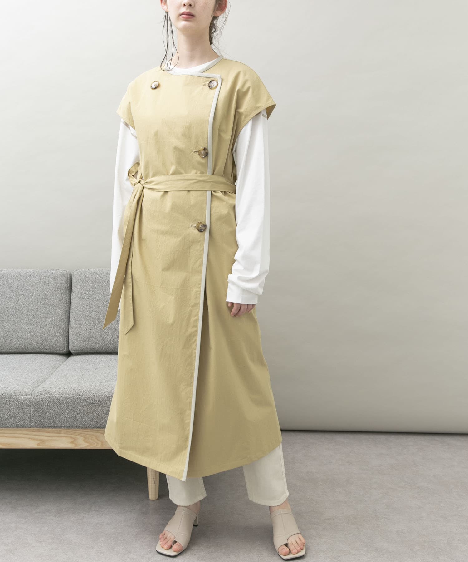 トレンチ風ロングベスト L.BEIGE FREE