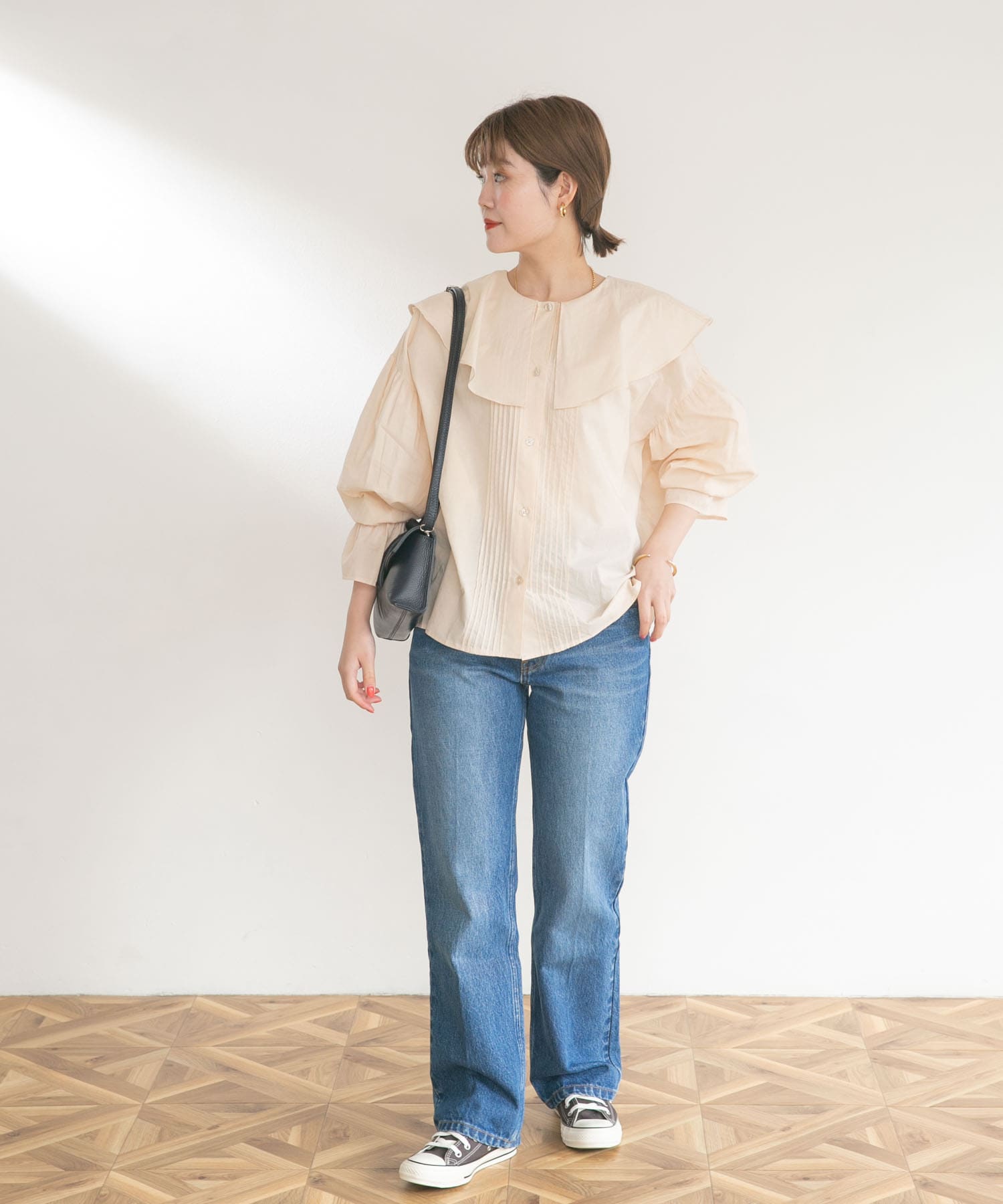 コットンラッフルカラーブラウス BEIGE FREE
