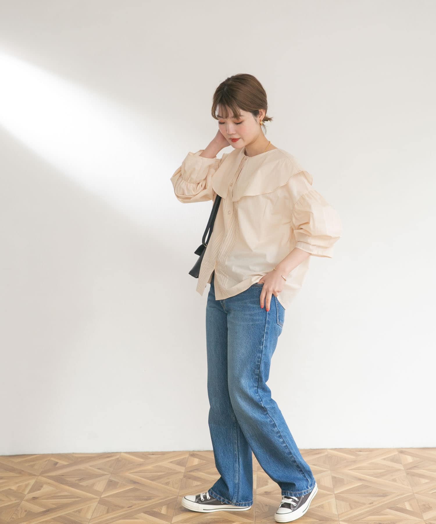コットンラッフルカラーブラウス BEIGE FREE