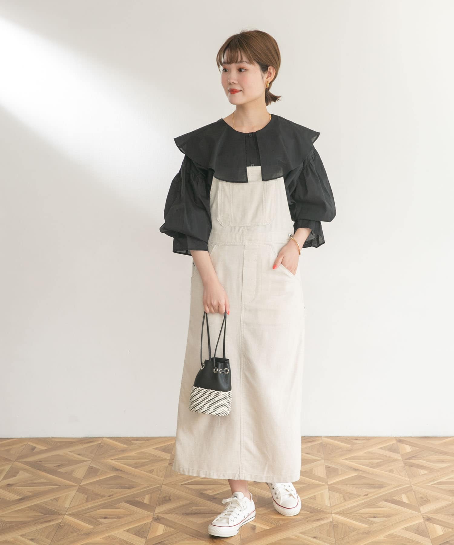 コットンラッフルカラーブラウス BLACK FREE