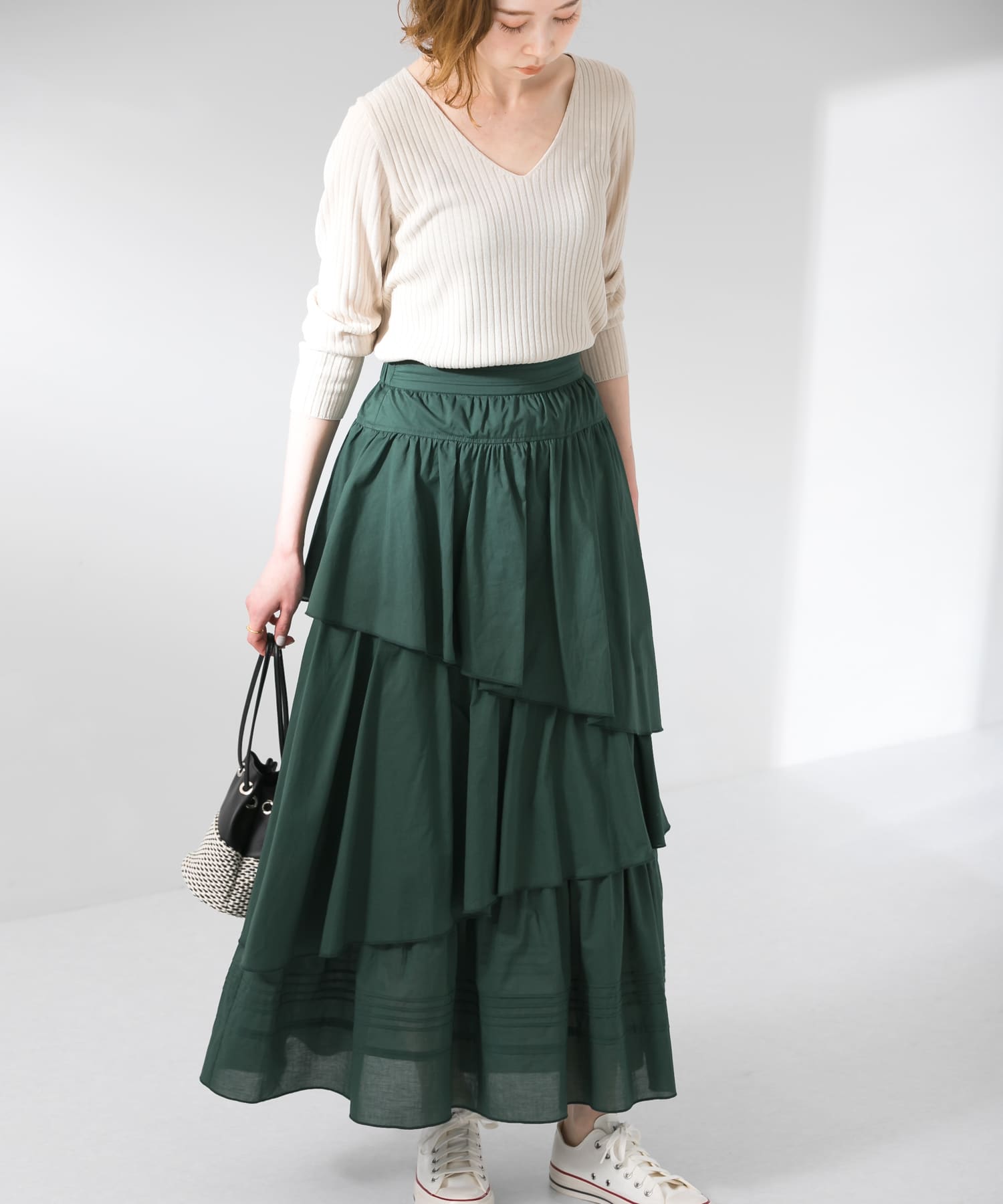 アトリエBOZ【カロリーヌ ランダムロングスカート】 ランダムティアードロングスカート(FREE GREEN): スカート
