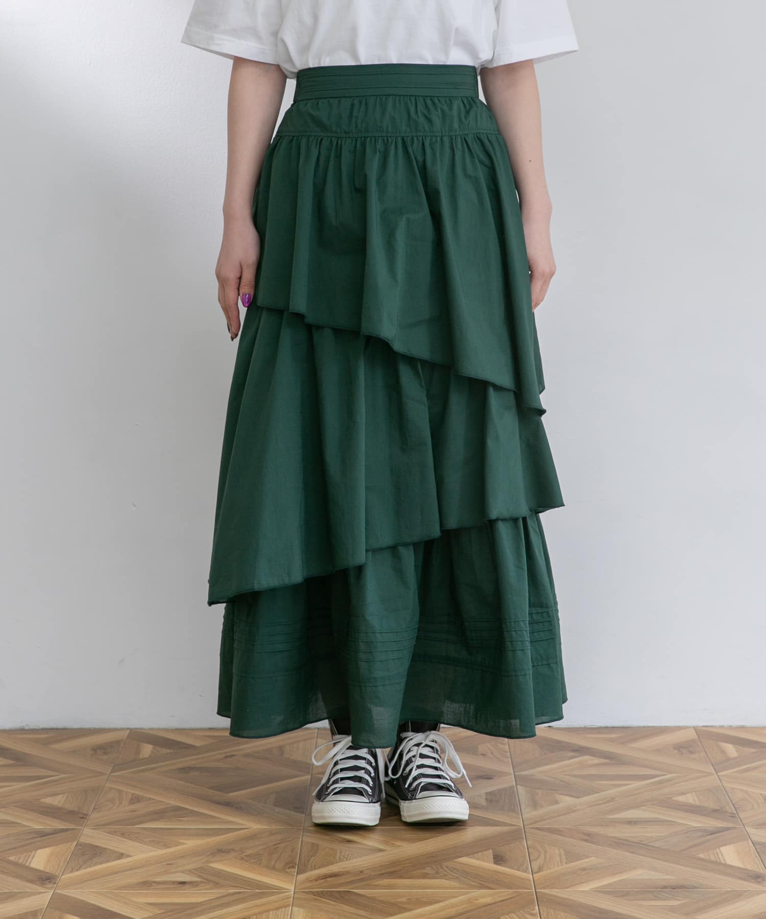 ランダムティアードロングスカート(FREE GREEN): スカート
