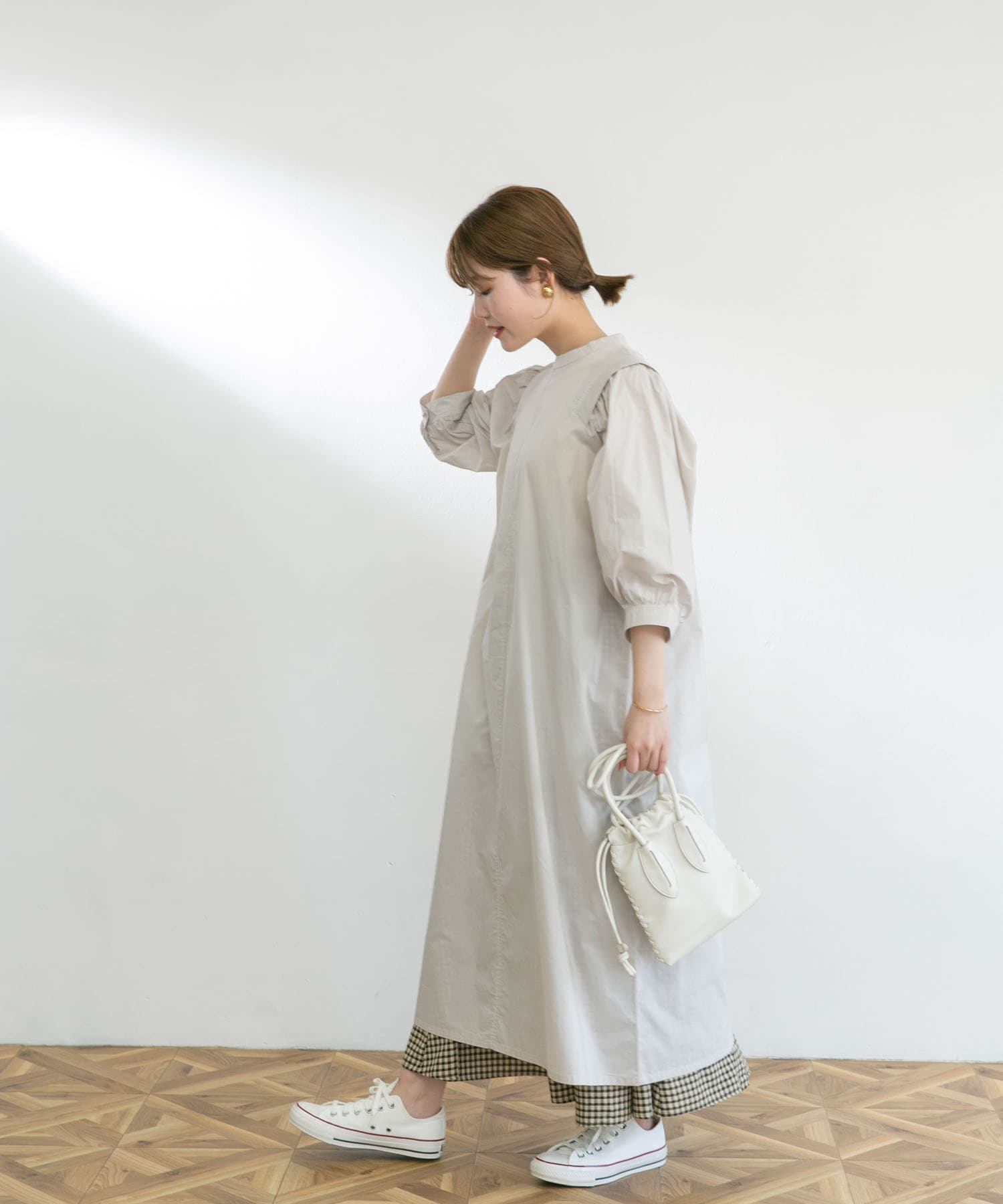 スタンドカラーシャツワンピース GREIGE FREE