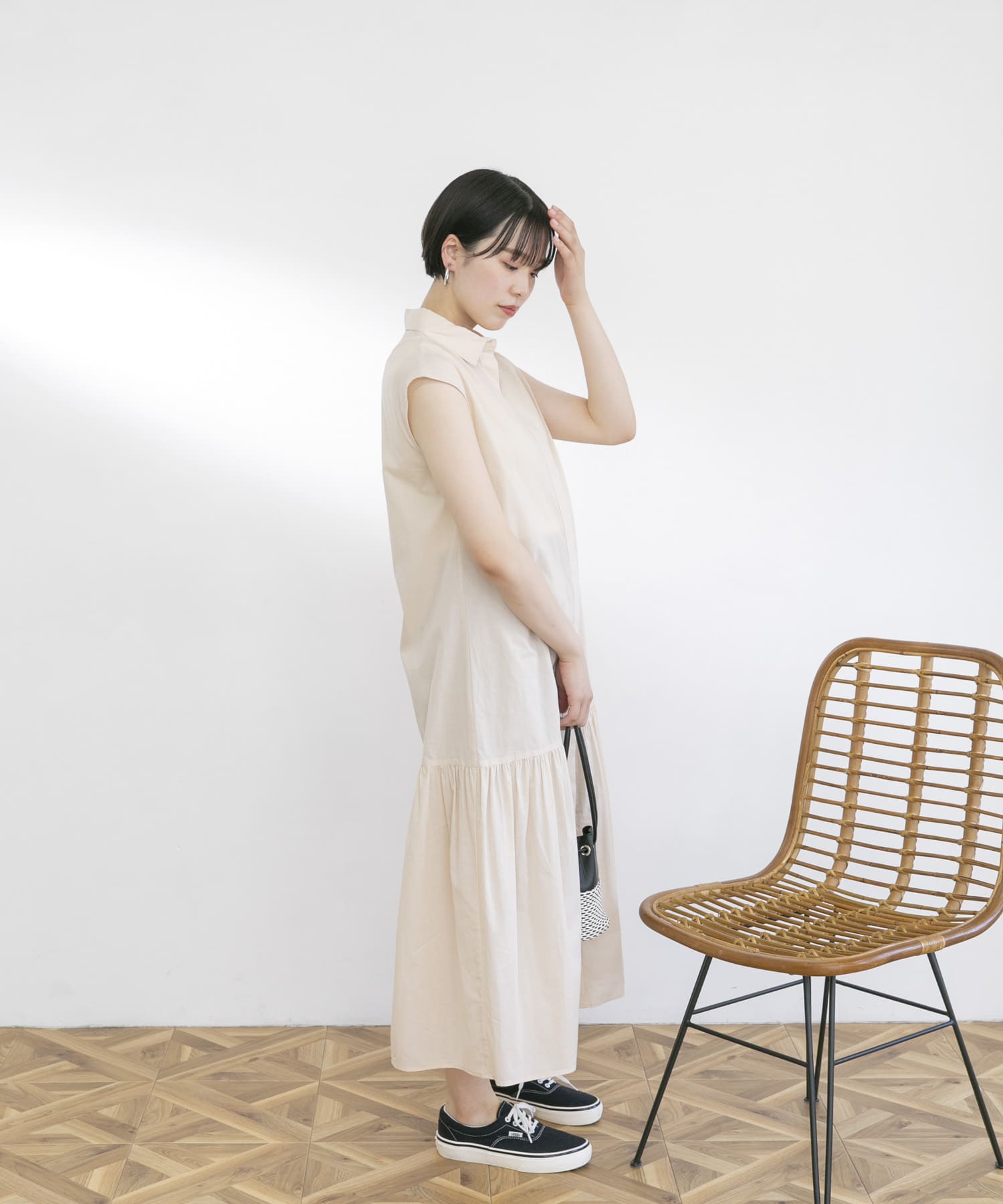 フレンチスリーブマキシシャツワンピース BEIGE FREE