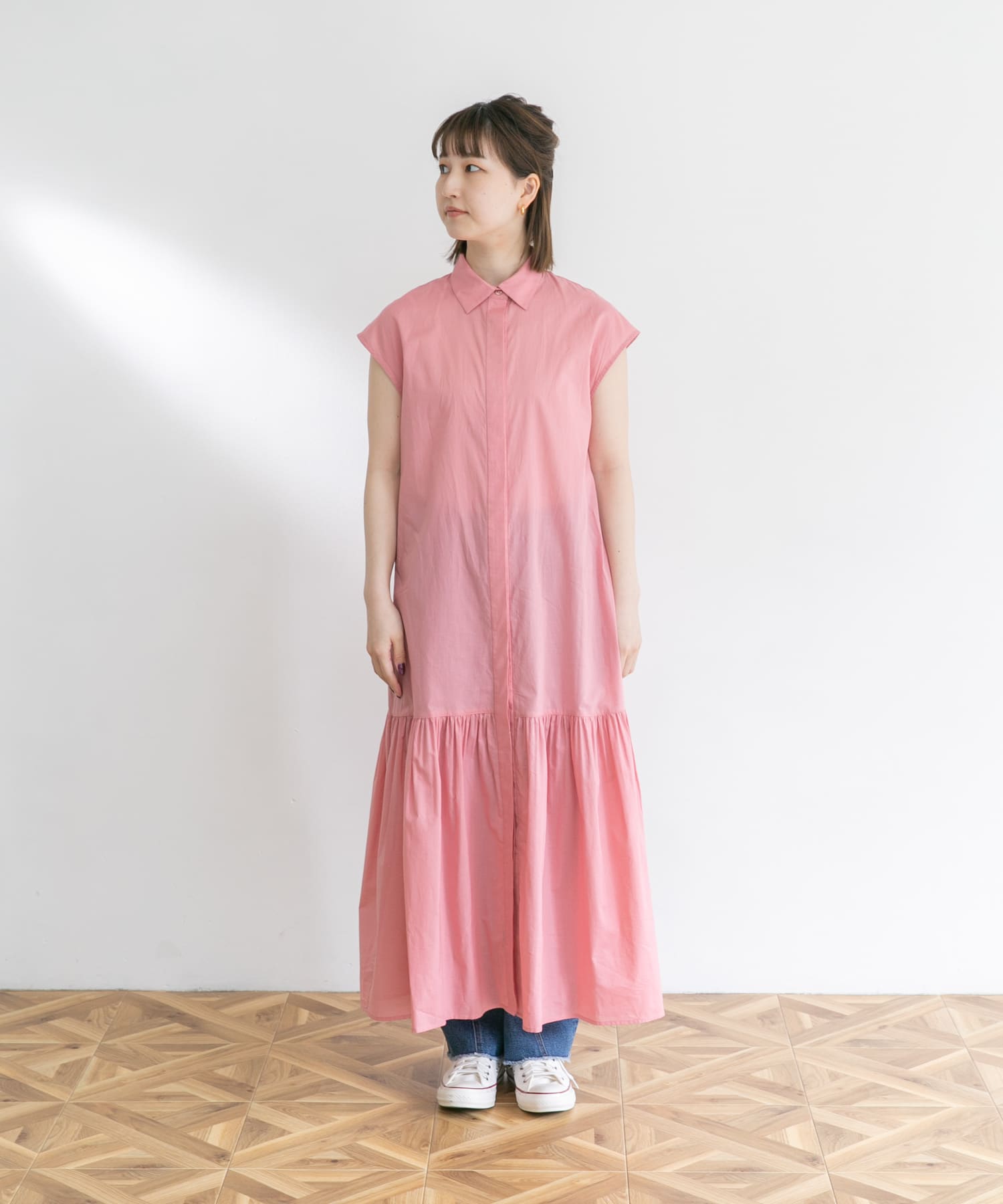フレンチスリーブマキシシャツワンピース PINK FREE