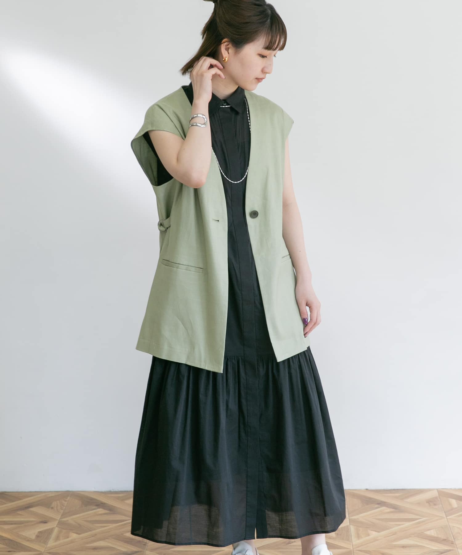 フレンチスリーブマキシシャツワンピース BLACK FREE
