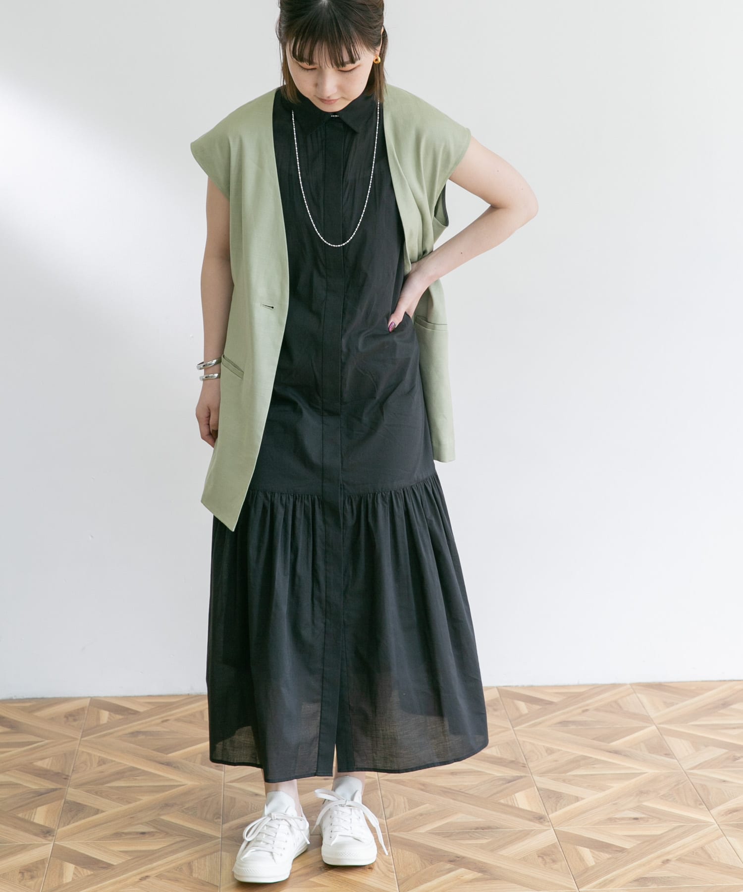 フレンチスリーブマキシシャツワンピース BLACK FREE