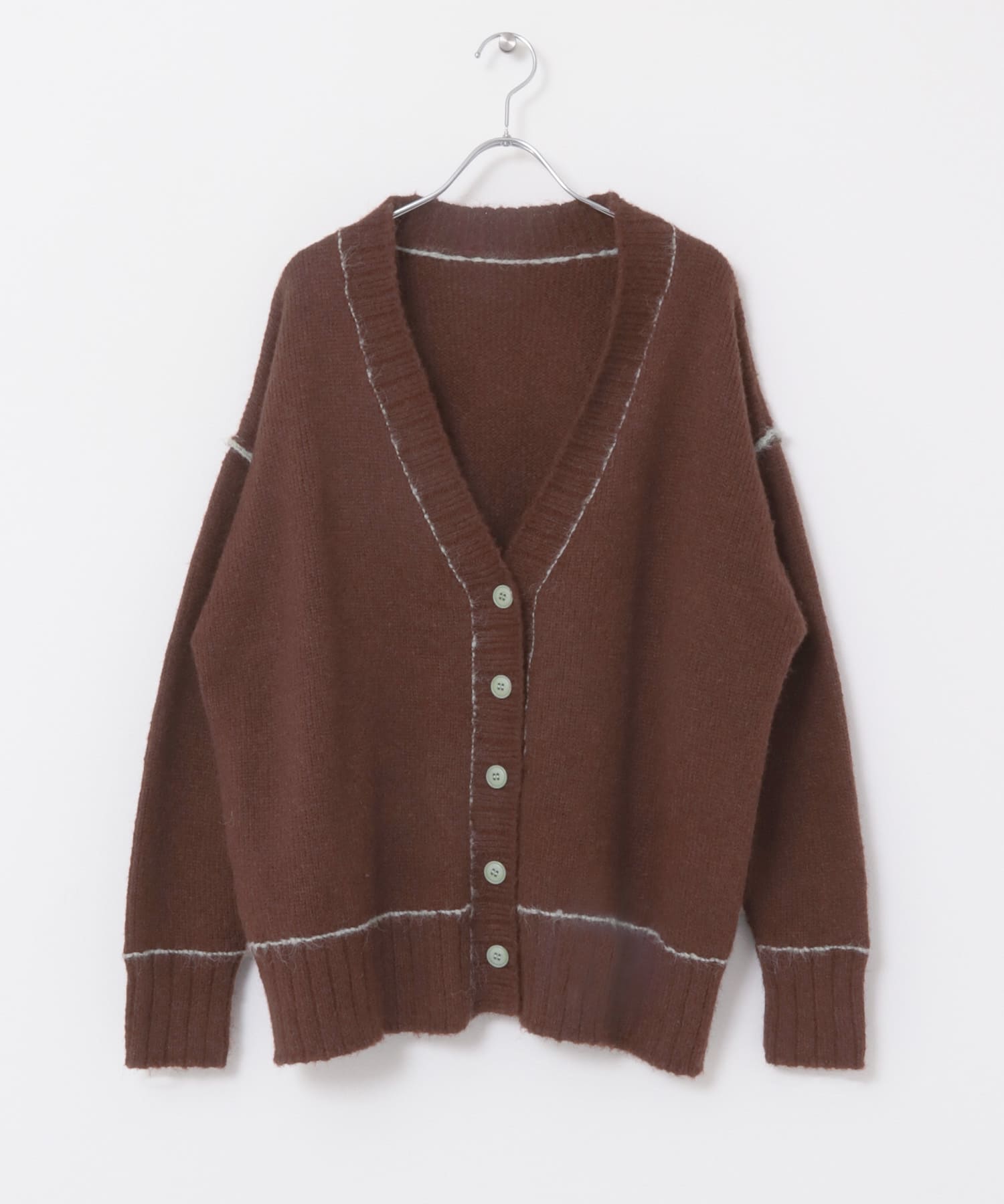 配色ステッチルーズカーディガン BROWN FREE