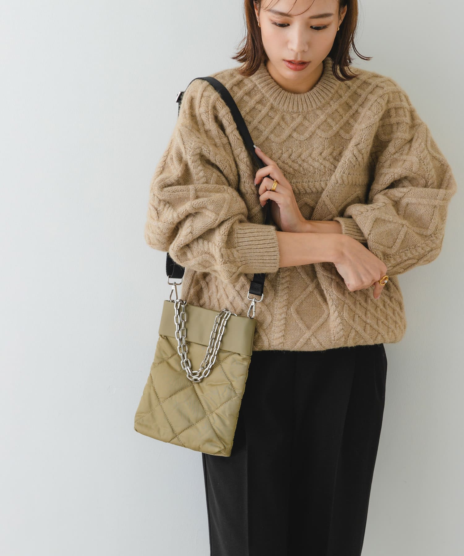 hun RODESKO　Quilting mini キルティングチェーン2wayショルダーバッグ L.KHAKI one