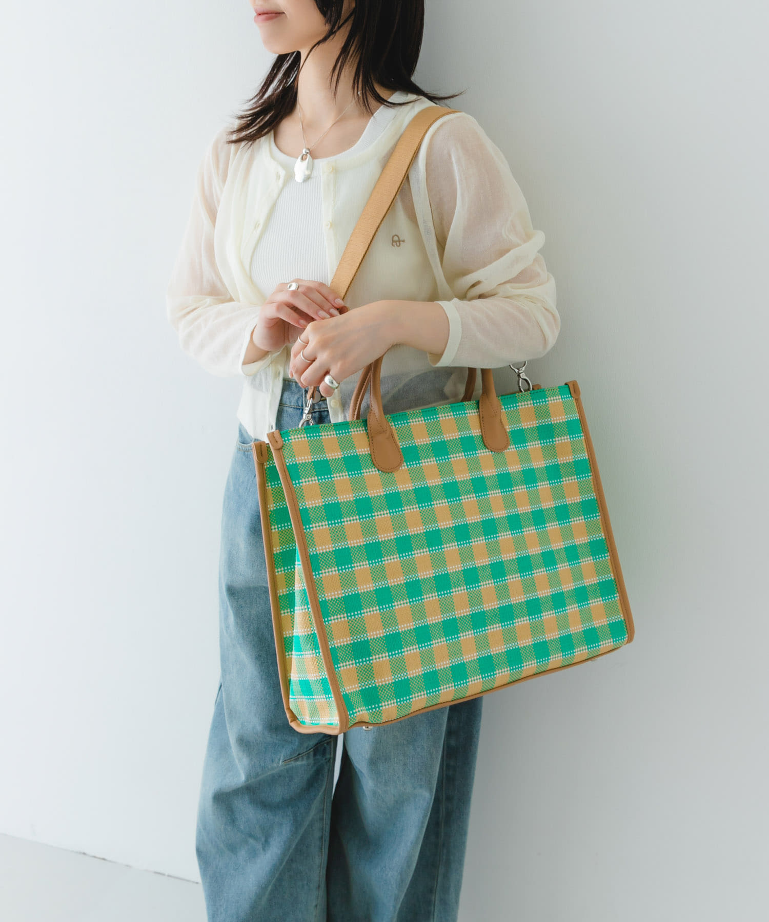 テープショルダービッグトートバッグ GREEN one