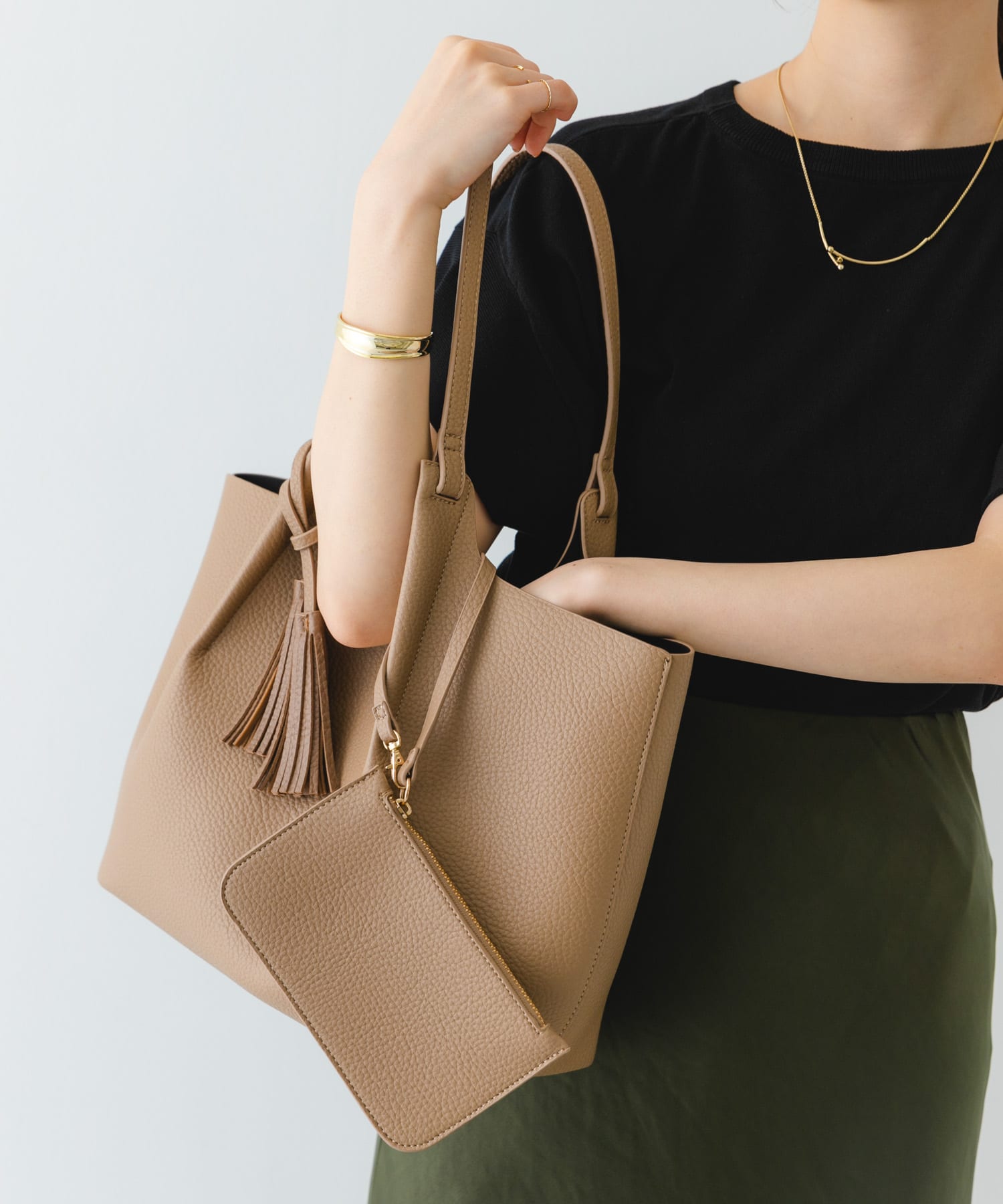 ポーチ付タックトートバッグ MOCHA one