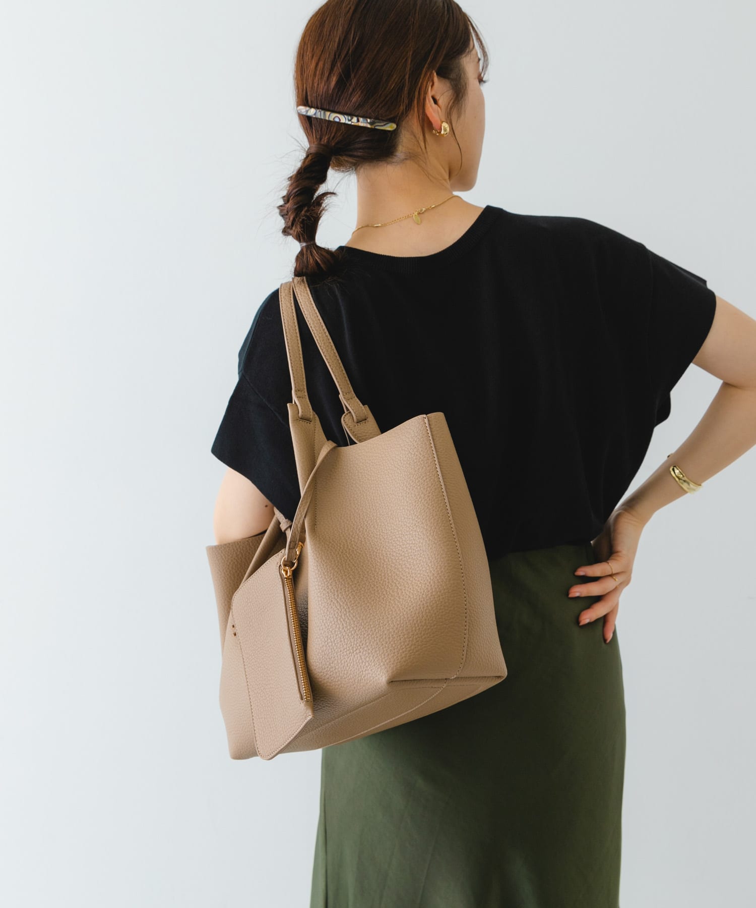 ポーチ付タックトートバッグ MOCHA one