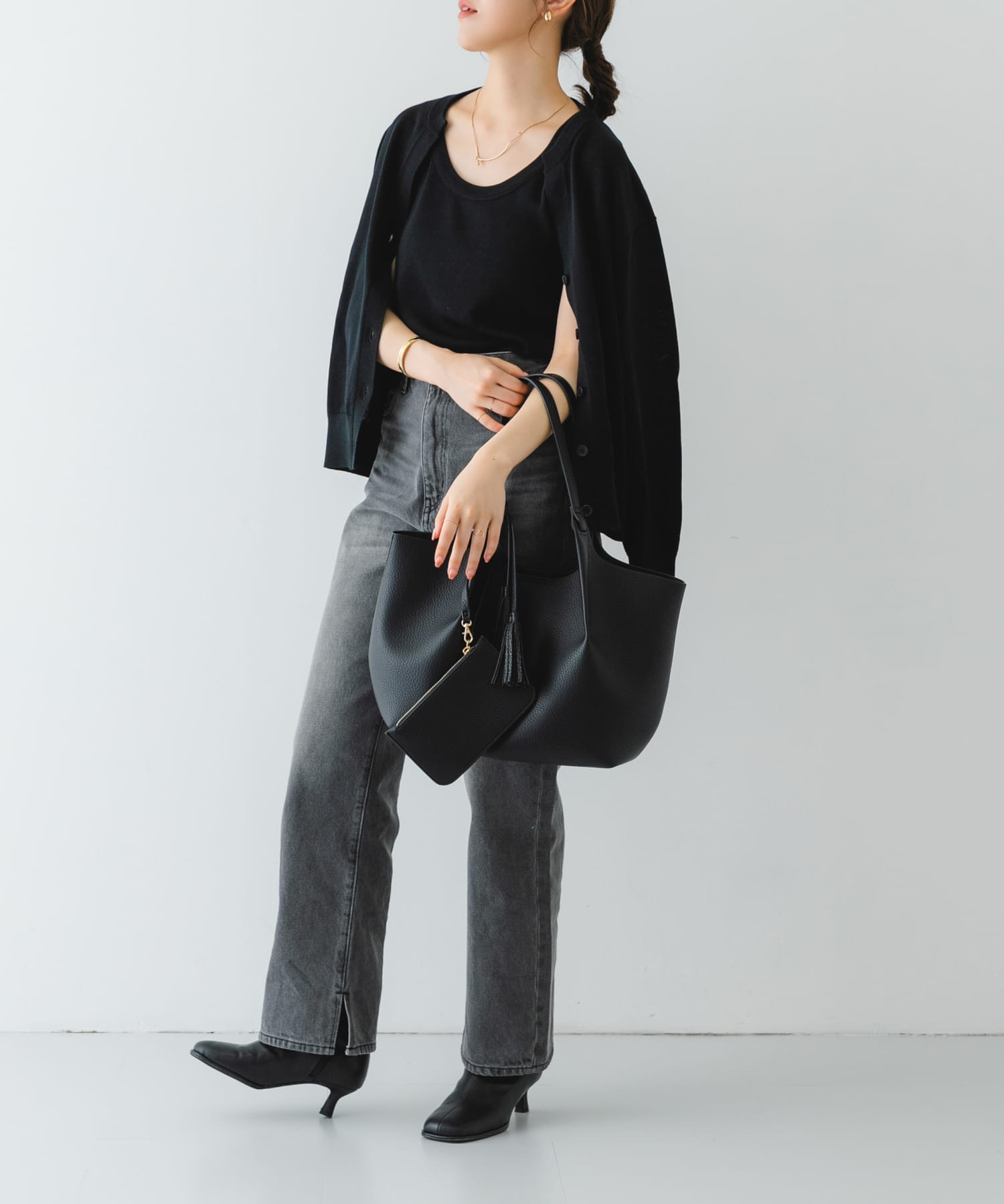 ポーチ付タックトートバッグ BLACK one