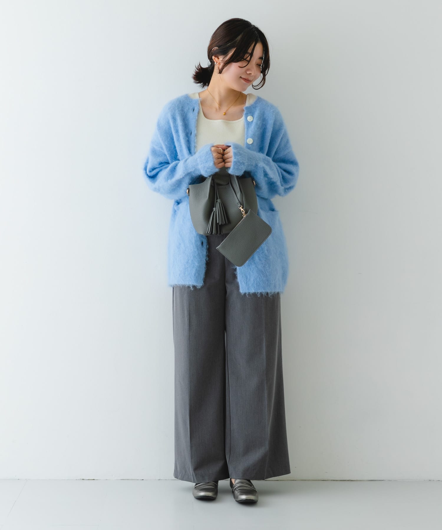 ポーチ付タックミニショルダーバッグ GRAY one