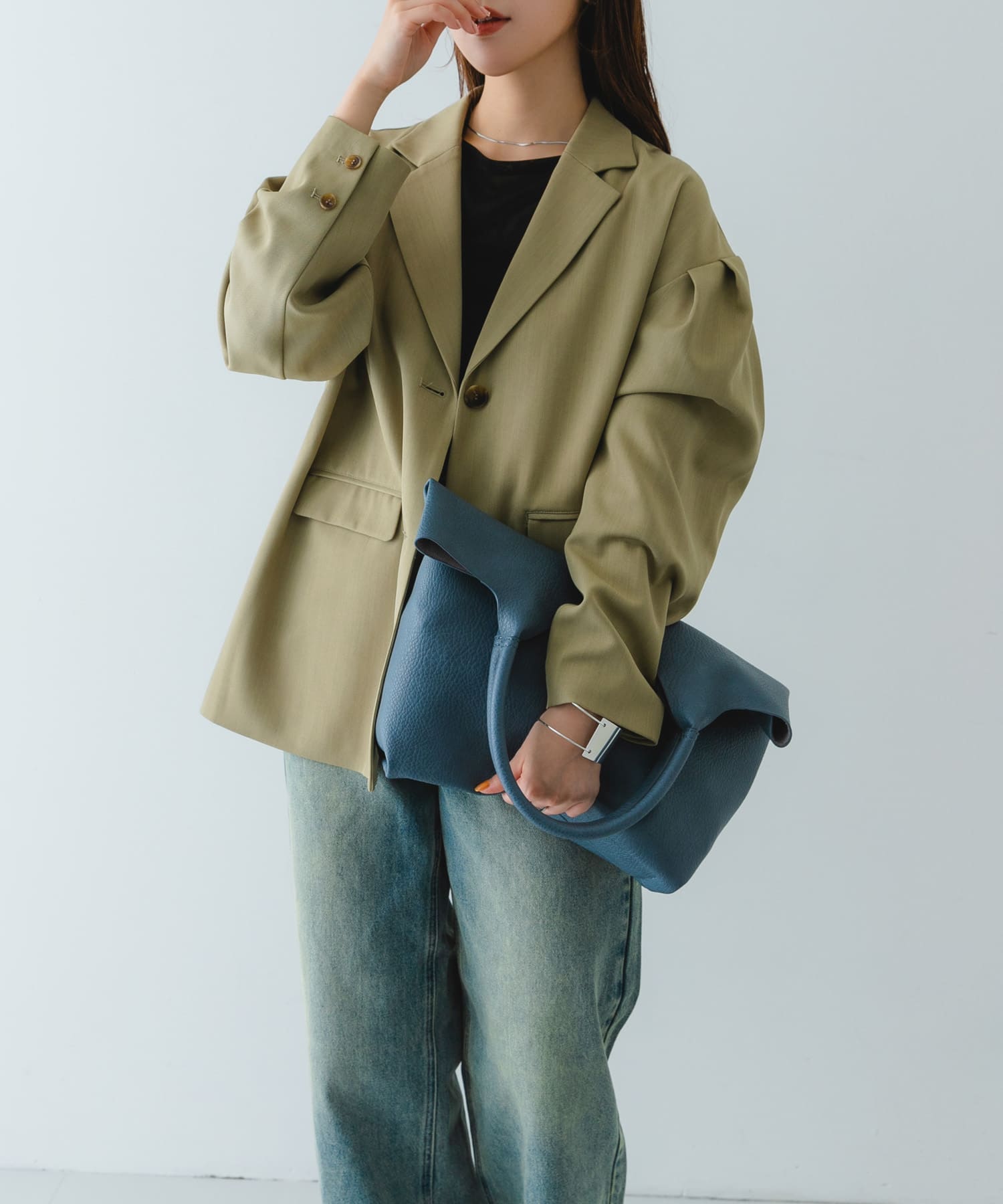 センターステッチVカットトートバッグ BLUE one