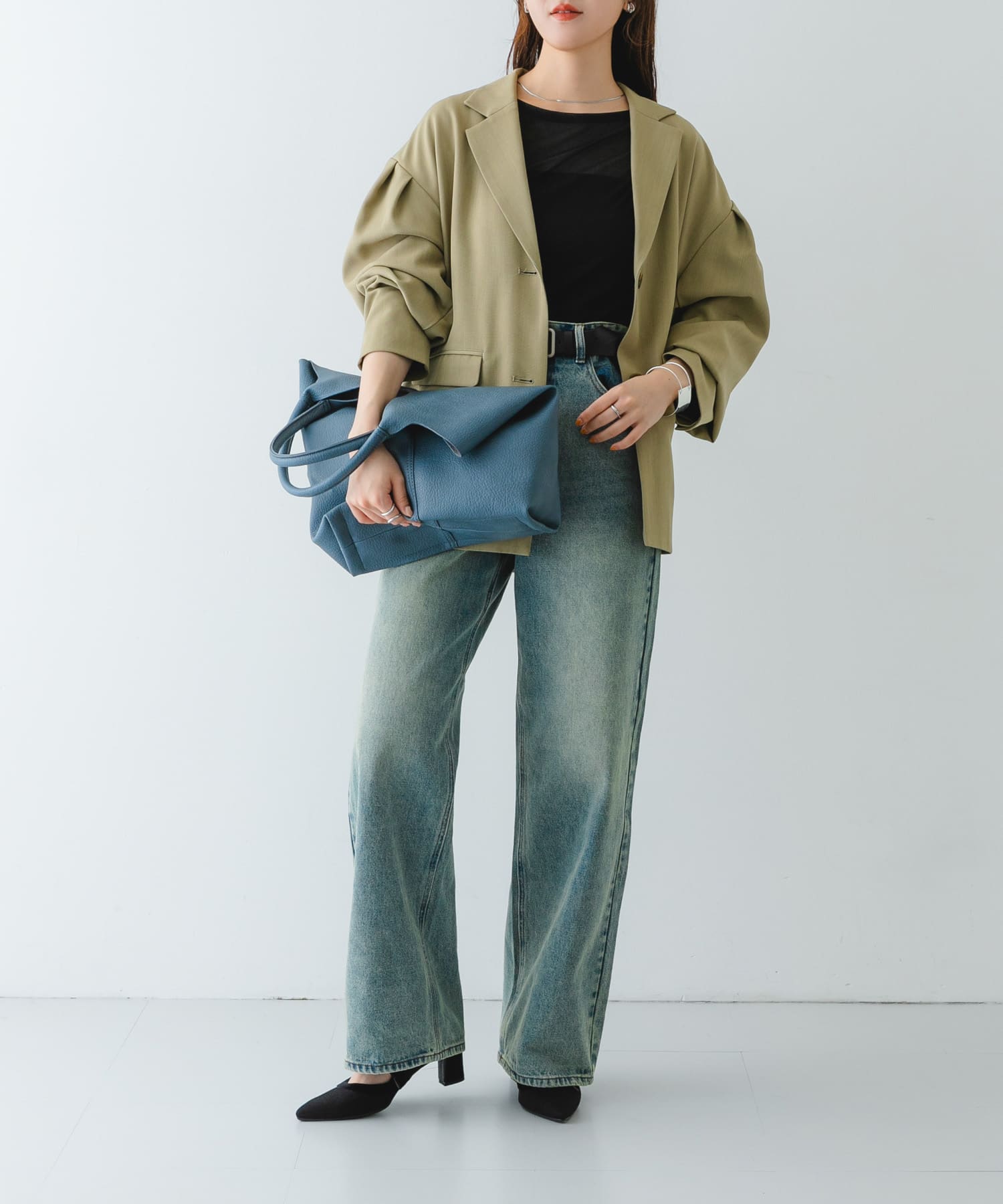 センターステッチVカットトートバッグ BLUE one