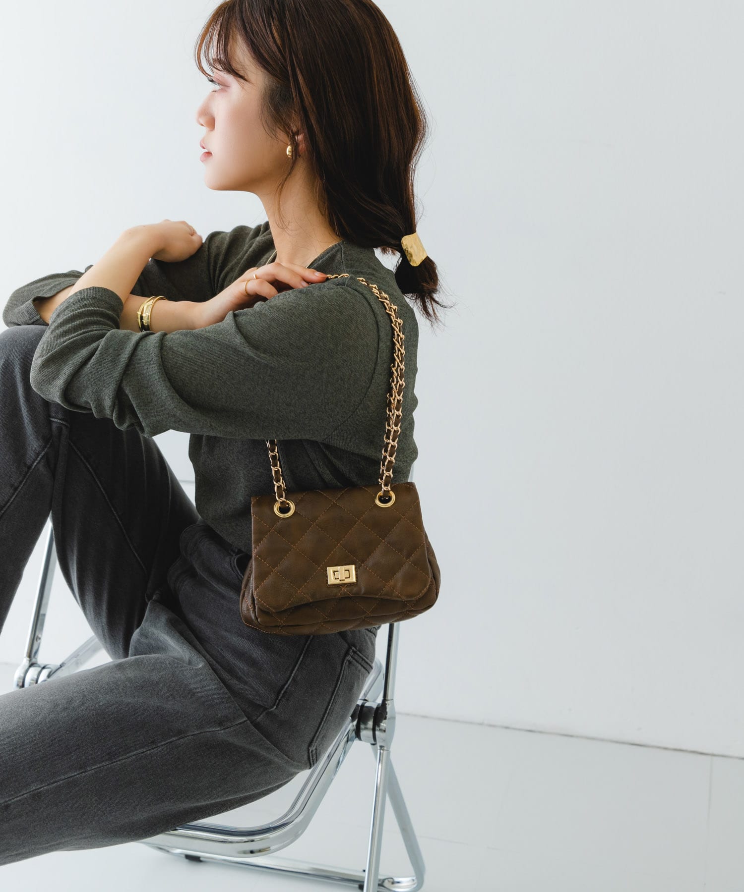 ヴィンテージライクキルティングチェーンバッグ BROWN one
