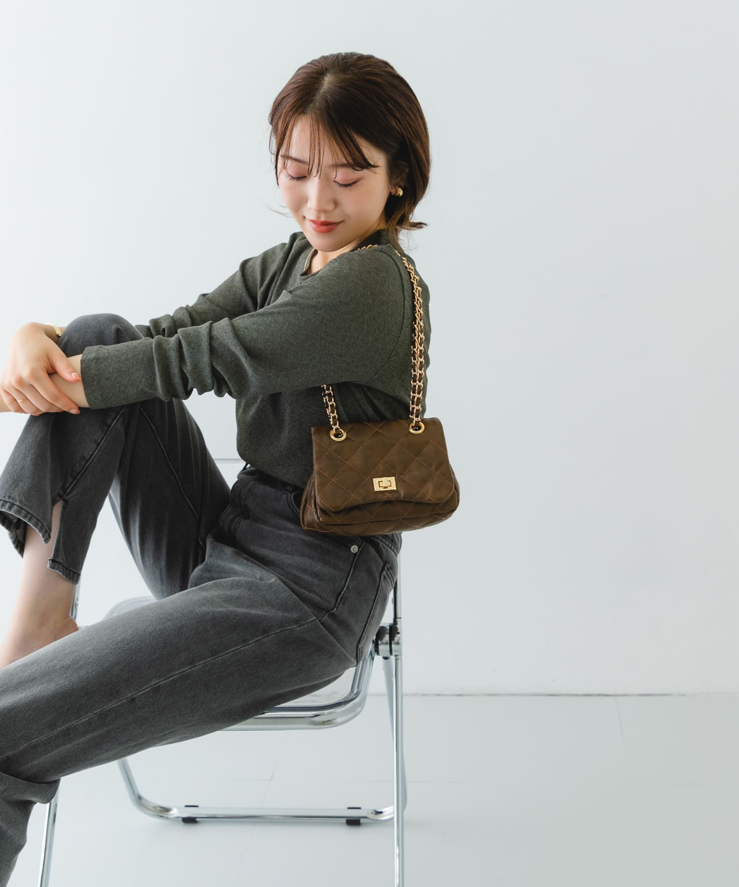 ヴィンテージライクキルティングチェーンバッグ BROWN one